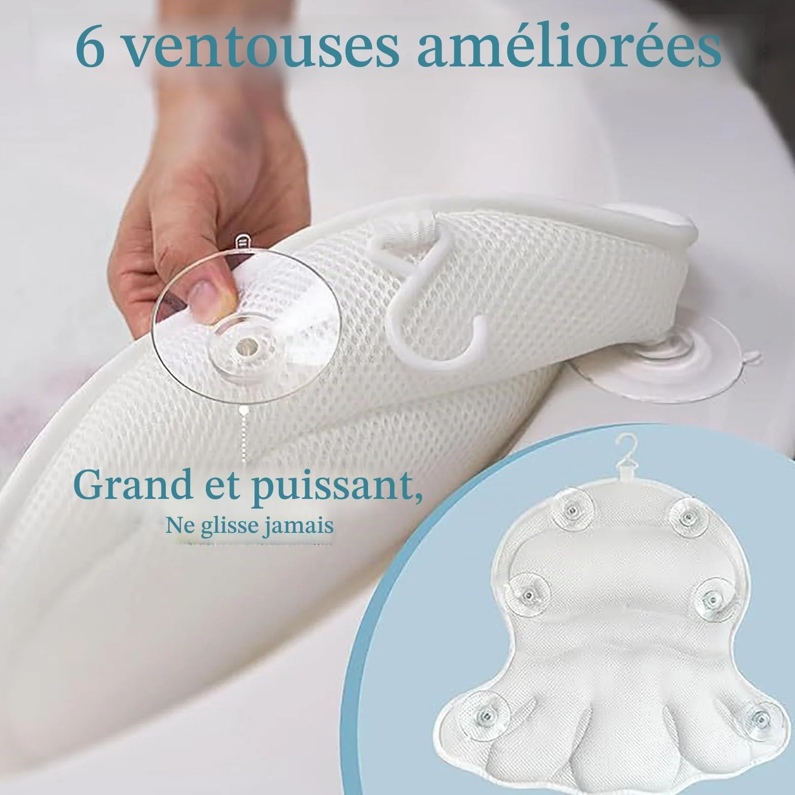 Coussin Baignoire Adulte Oreiller de Bain 4D 6 Ventouses pour Tête Cou Dos