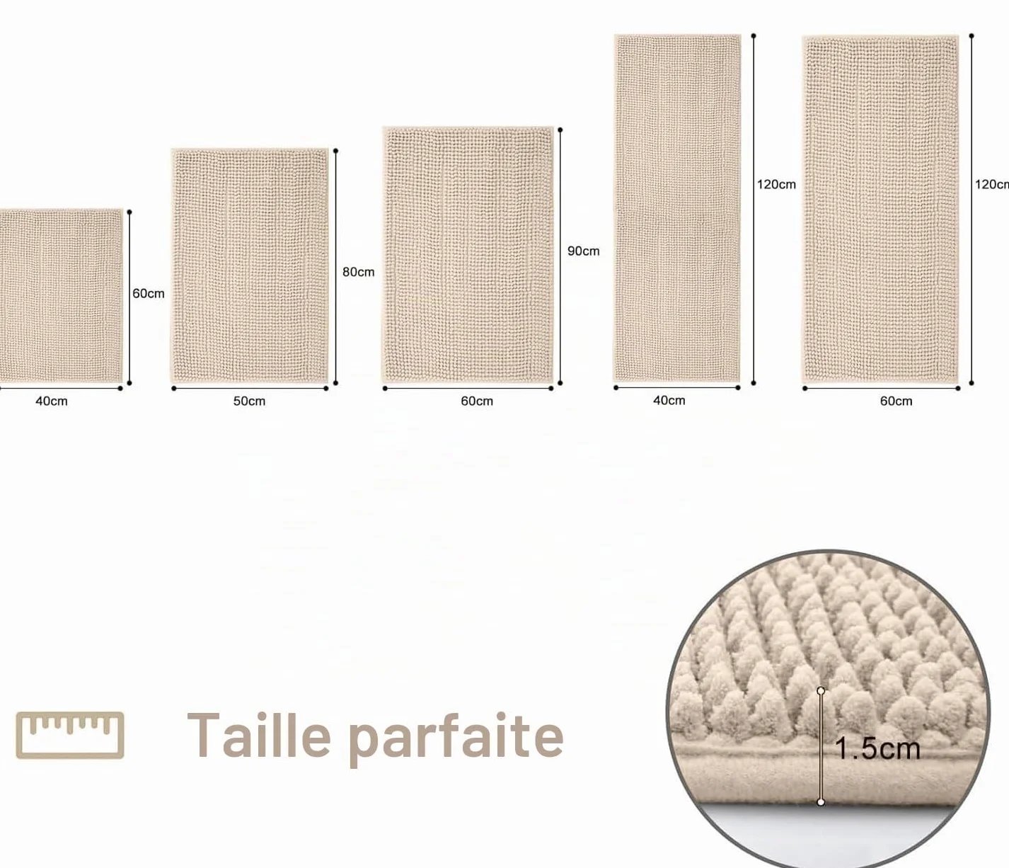 Tapis de bain en chenille antidérapant 40 x 60 cm beige