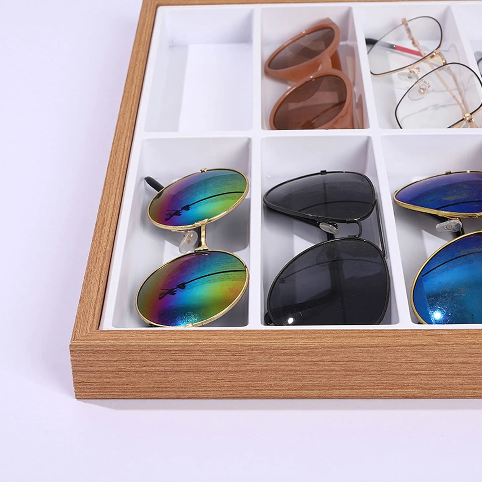 Support à Lunettes Organisateur d'affichage de lunettes en bois, 7/12/18 compartiments, ouvert sur le dessus, boîte de rangement for lunettes de soleil, support de plateau for lunettes Présentoir De L