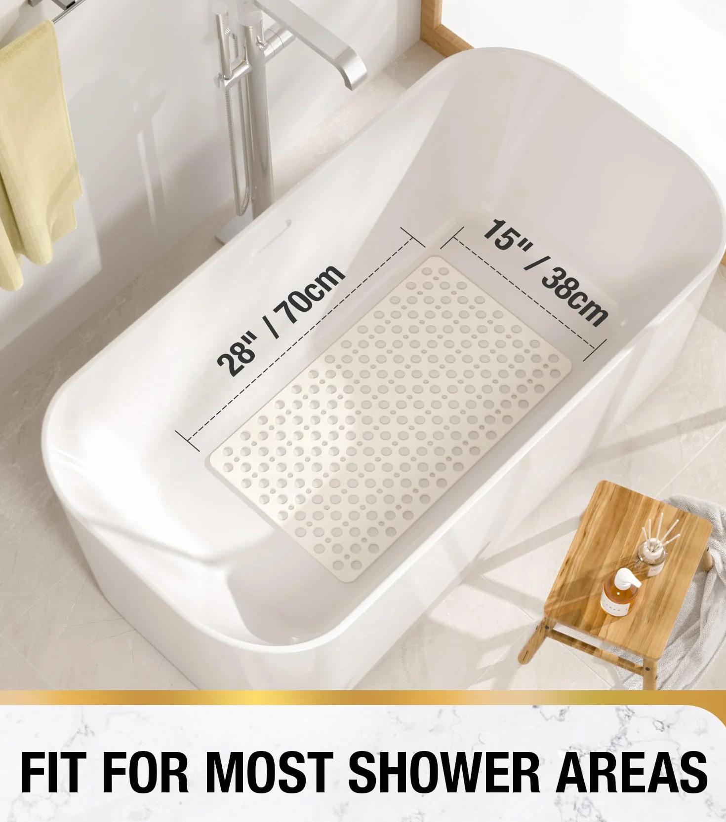 HITSLAM Tapis de Baignoire Antidérapant 70 x 38 cm Sans BPA Résistant aux Moisissures Lavable en Machine Blanc