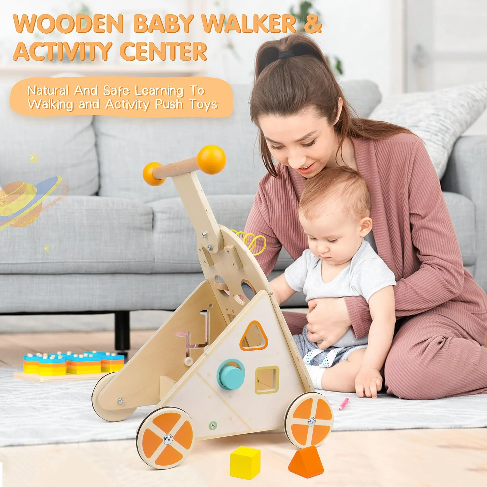 Jacootoys Activité Walker en Bois, Vitesse réglable Baby Push Walker pour garçons Filles 1 2 3 Ans