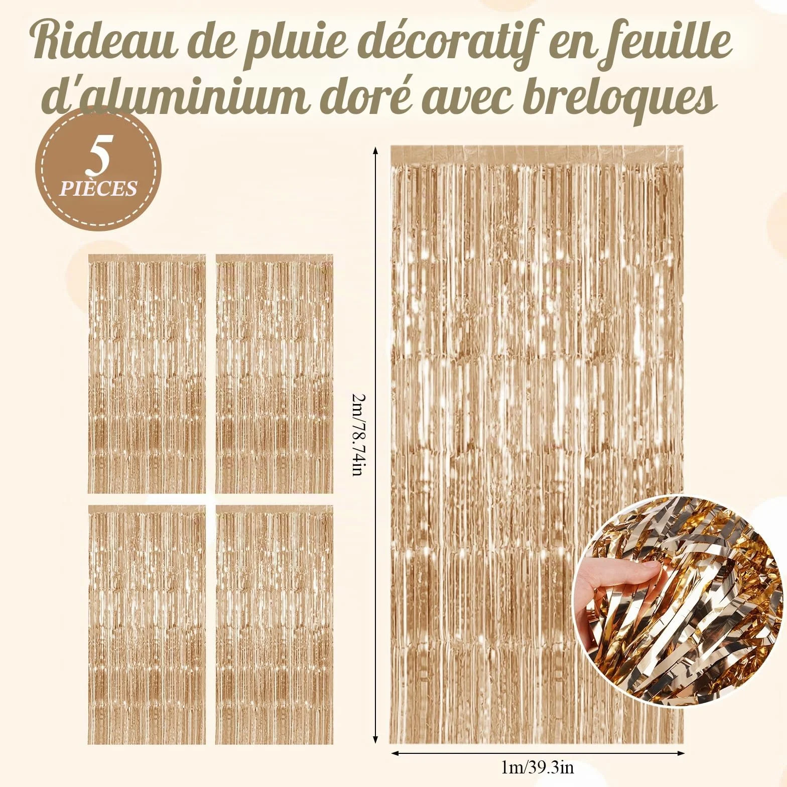 Rideau Anniversaire Or Champagne 5 Pièces 1m x 2m, Rideau Métallique Frange Paillettes Scintillants pour Décoration Fête Mariage Noël