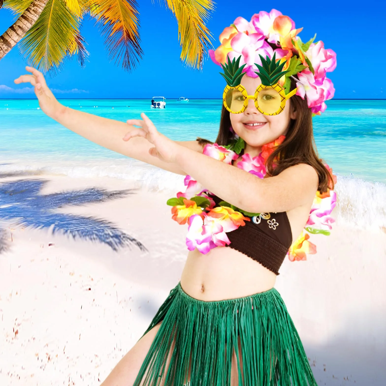 Décorations de fête hawaïennes lot de 6 collier fleurs bracelets bandeau lunettes ananas jupe déguisement adulte