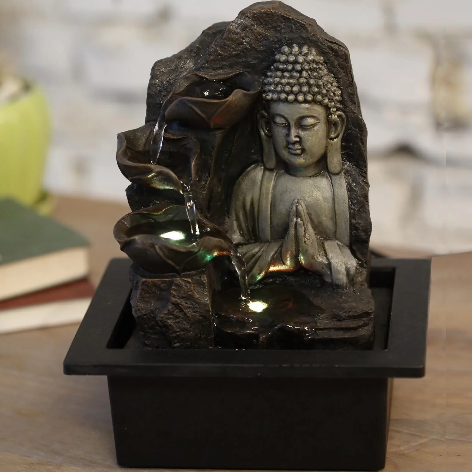 Fontaine d’Intérieur Cascade Bouddha Lotus LED Lumière Colorée Feng Shui 21 x 21 x 26 cm