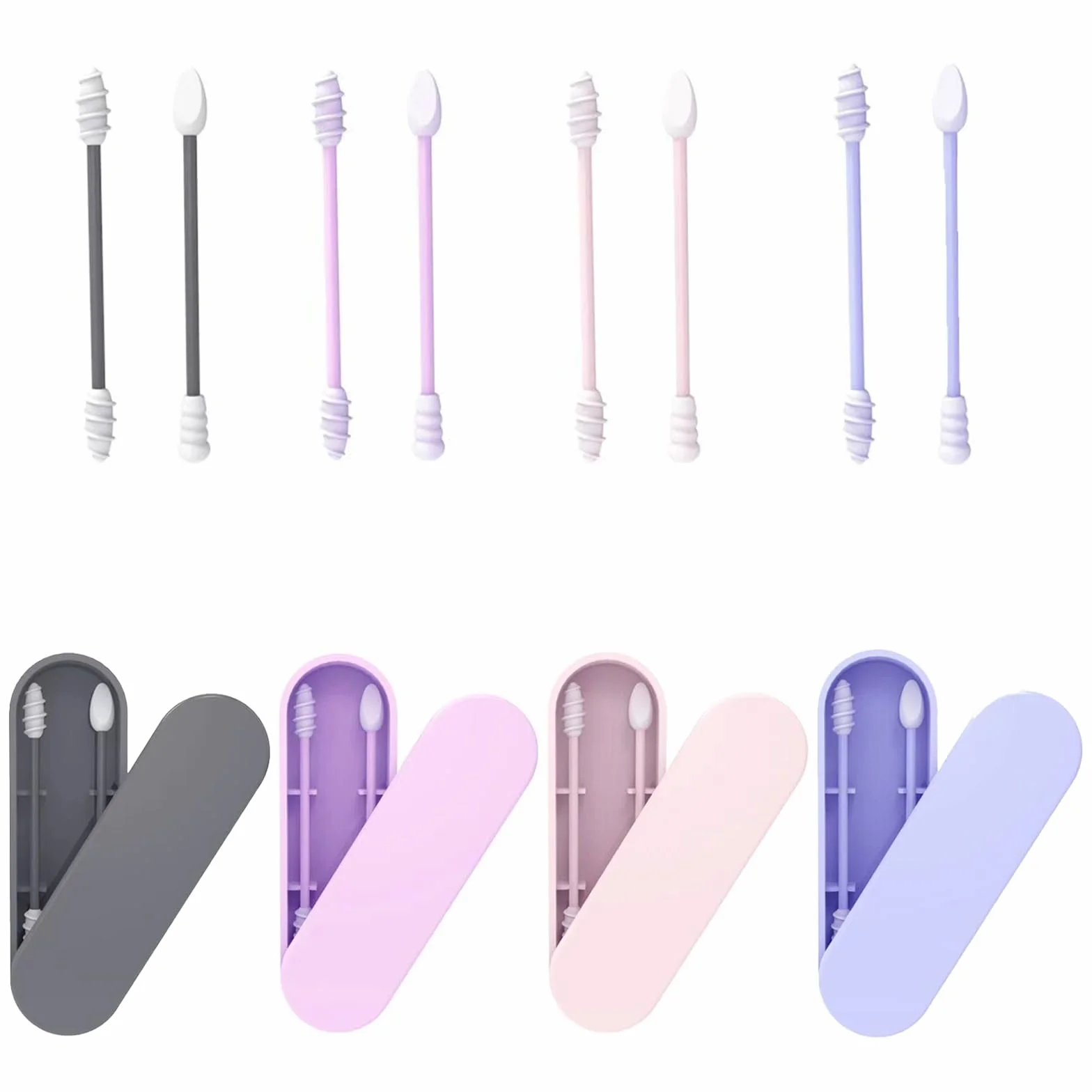 Lot de 8 Coton Tige en Silicone Double Extrémité Réutilisable Lavable avec Boîte de Rangement Hygiénique