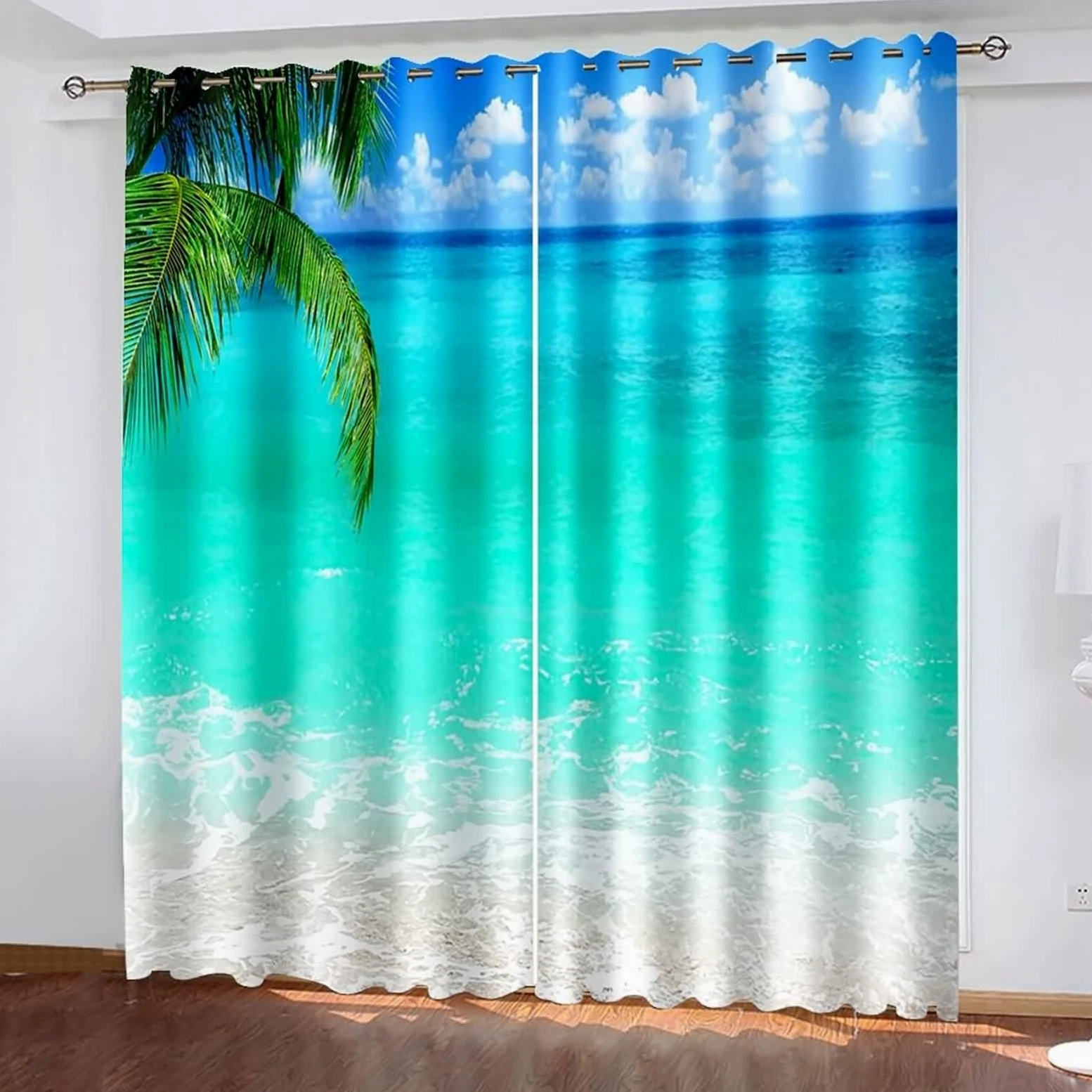 Rideau Occultant, Rideau Anniversaire Bleu Vert Polyester Paysage de Feuilles de Palmier de Mer 102L x 229H CM Lot de 2