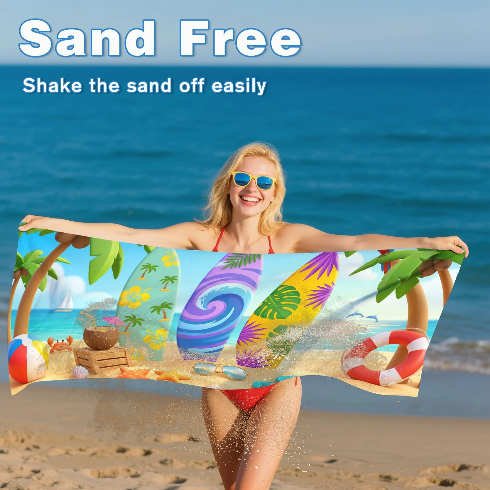 Serviette de Plage XXL Microfibre Planche de Surf Thème Plage Tropicale, Drap de Plage Séchage Rapide Anti Sable & Légère, Serviette de Bain Grande Taille 200x200 cm
