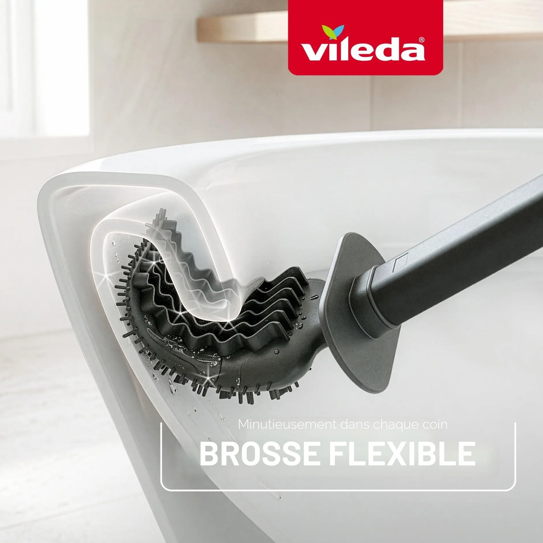 Vileda Brosse WC Silicone Flexible Manche Inoxydable 2-en-1 Hygiénique Anti-odeurs