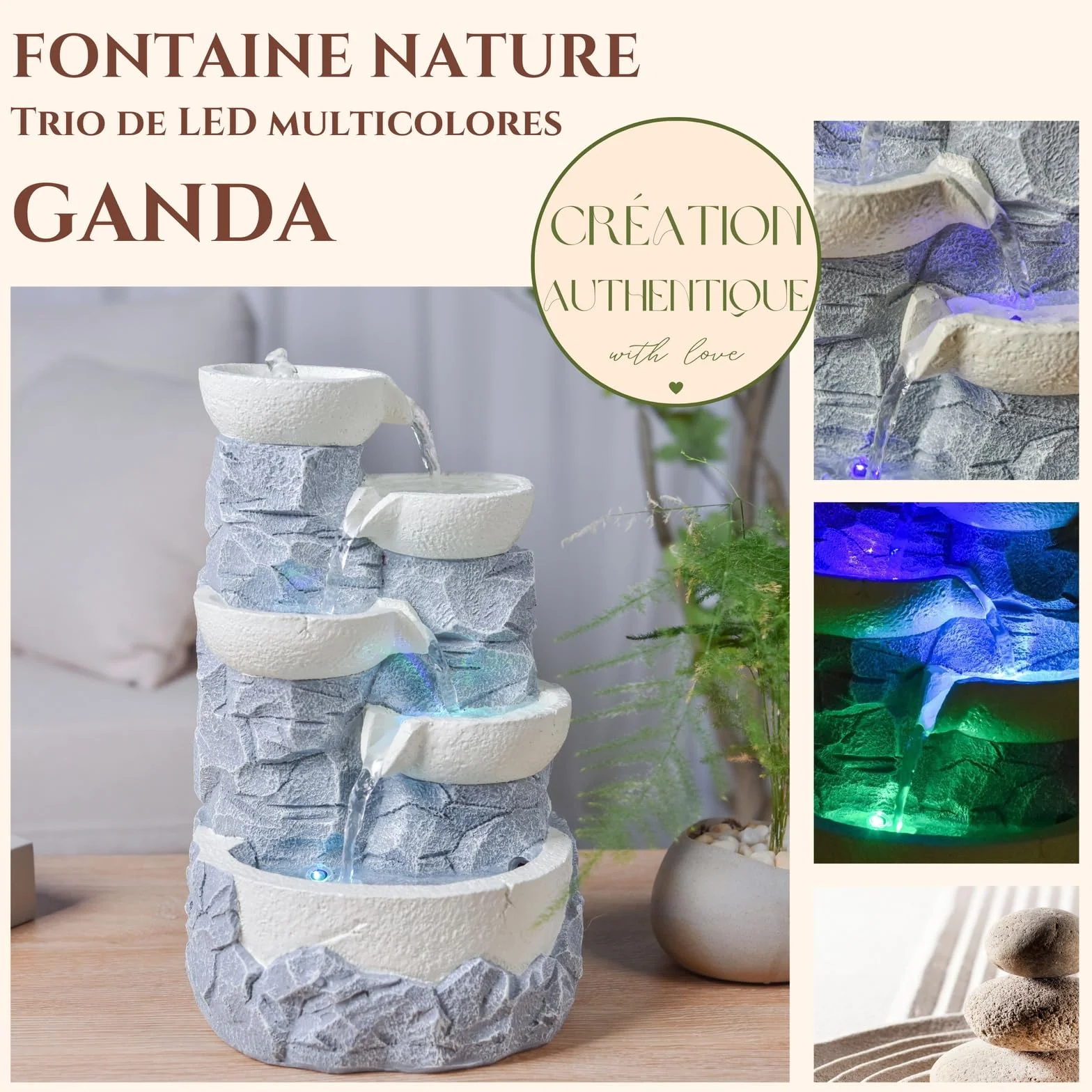 Fontaine d’Intérieur Cascade 4 Niveaux Jarre Effet Pierre Naturelle Lumière LED Coloré, Déco Zen, H 31cm – Ganda Zen’Light