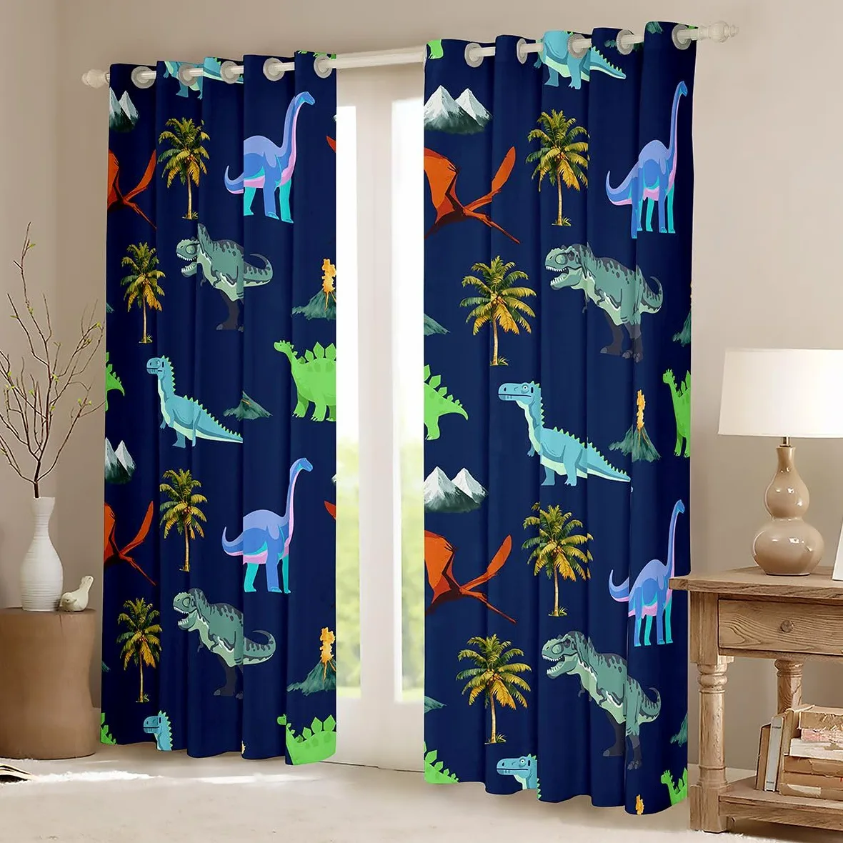 Homewish Rideau Occultant 117x183 cm Dinosaur,Rideau Enfants Adolescents Adults Mignon Coloré Dinosaur,Rideaux Voilage Tropical Palm Trees,Voilage Fenetre Jungle Animal pour Chambre Salon