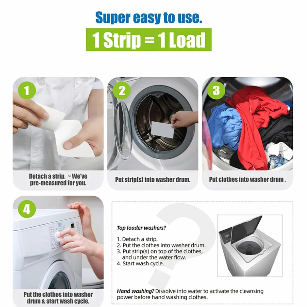 Lessive en Feuille Biodégradable 30 Feuilles 60 Charges Hydrosoluble Hypoallergénique Sans Plastique Blanc et Couleur Fraîcheur Intense