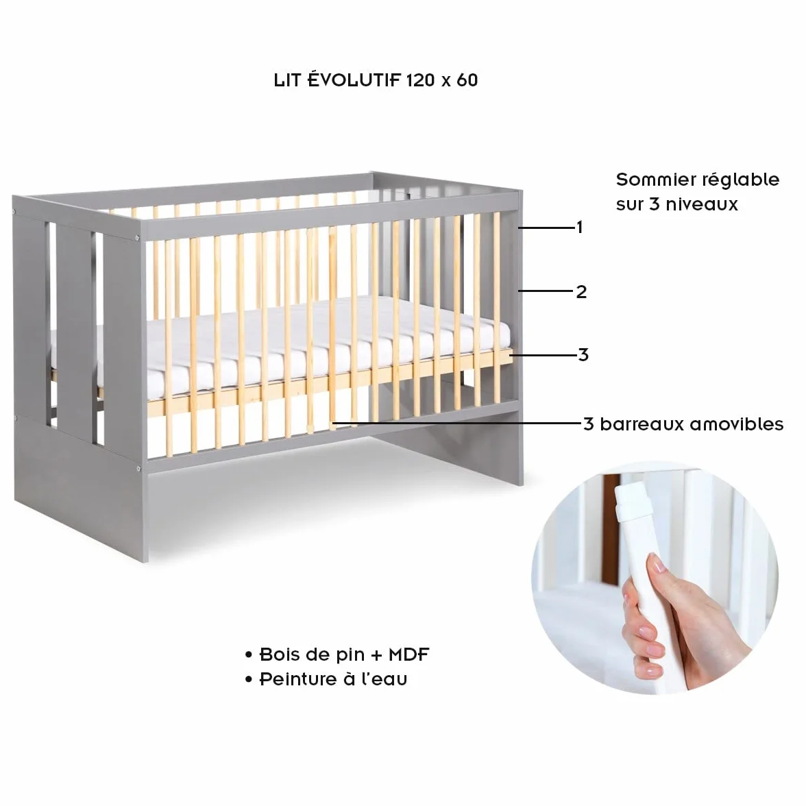 Mon Mobilier Design Pauline Ensemble Commode à Langer + lit bébé Gris/Bois 120x60 cm