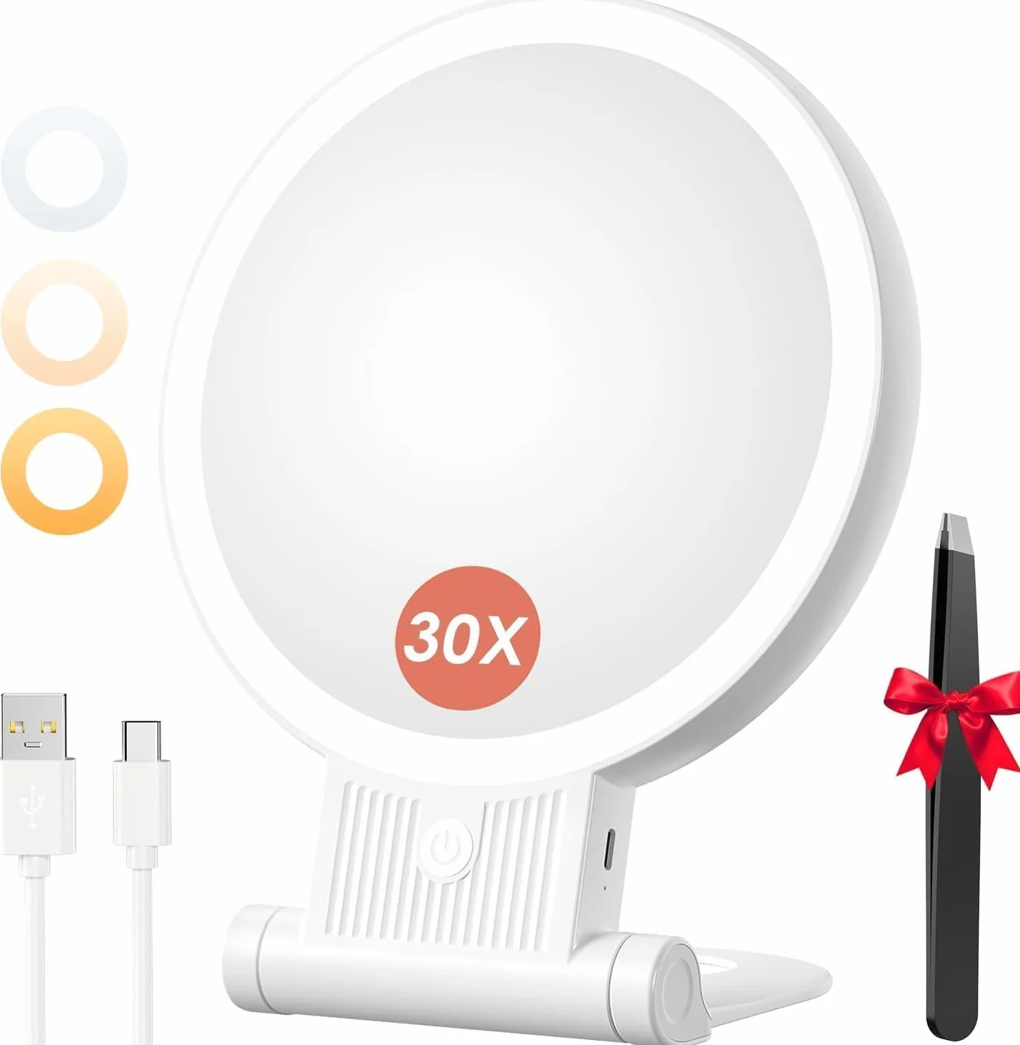 Auxmir Miroir Grossissant Lumineux Double Face 1X/30X, Maquillage 3 Couleurs, Luminosité Réglable, Batterie 2000mAh, Support 360°