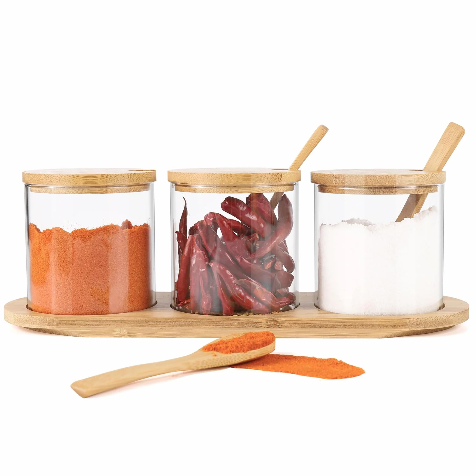 Czemo Set de 3 Bocaux en Verre 300ML pour Épices avec Couvercles en Bambou