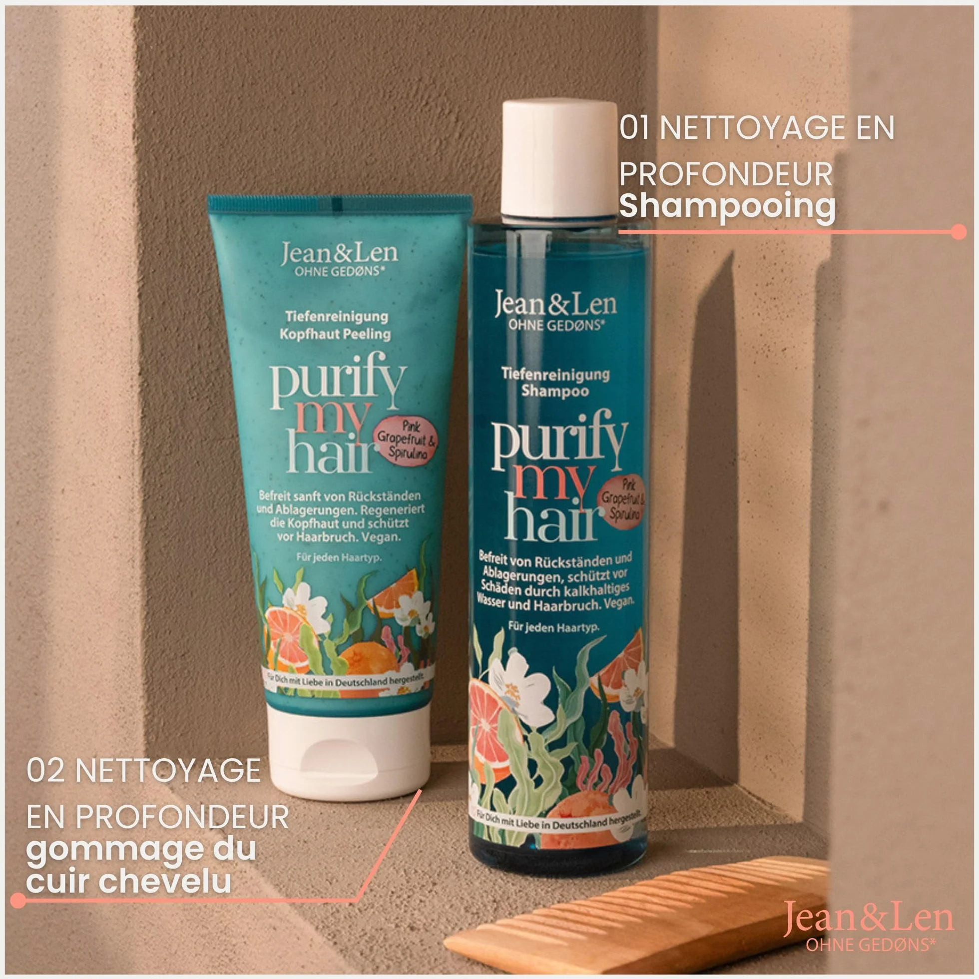 Jean & Len Shampooing Pamplemousse Rose & Spiruline 300 ml sans silicones végane