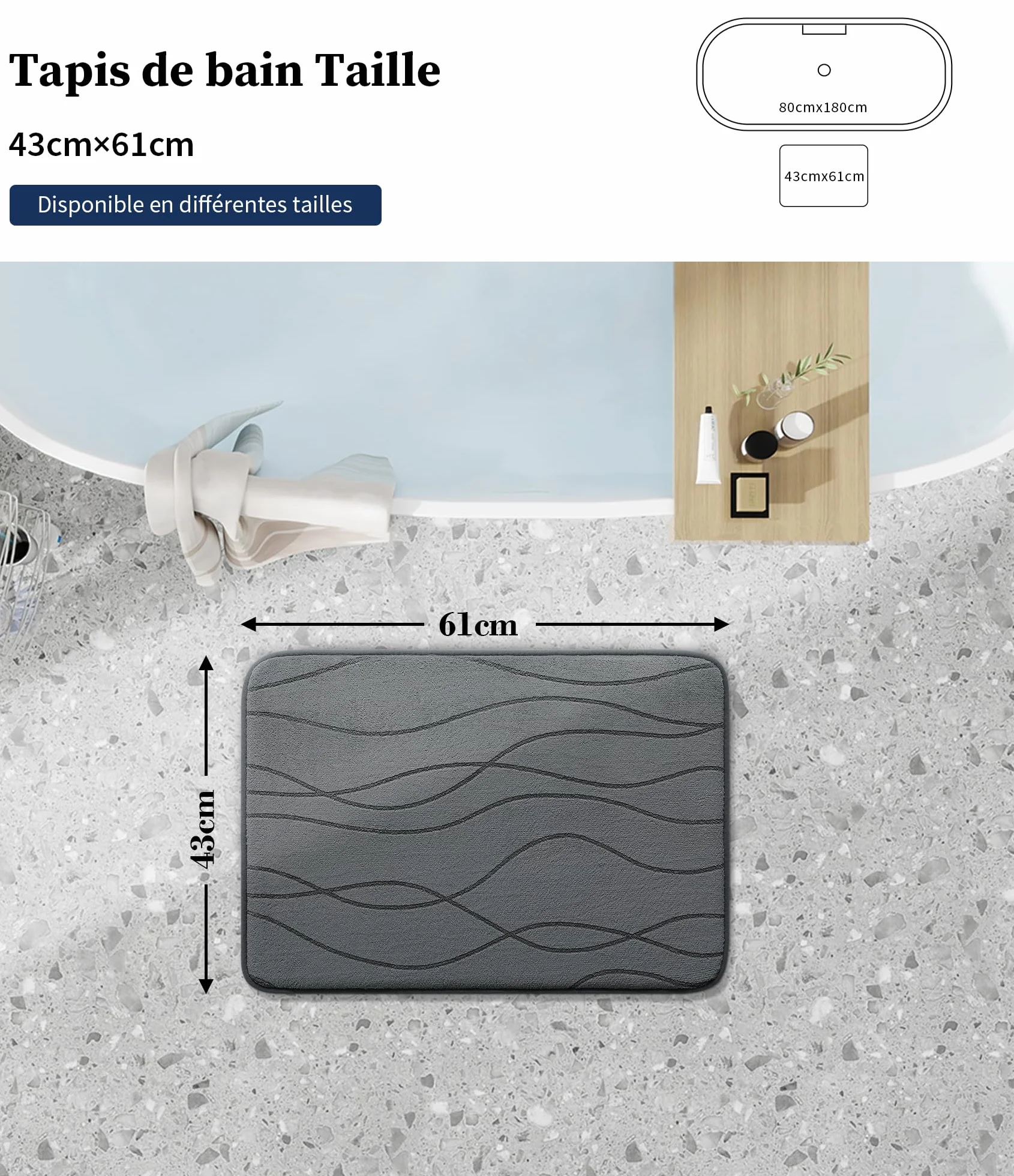 Chakme Tapis de Bain en Mousse à mémoire de Forme Absorbant Antidérapant 43 x 61 cm Gris foncé