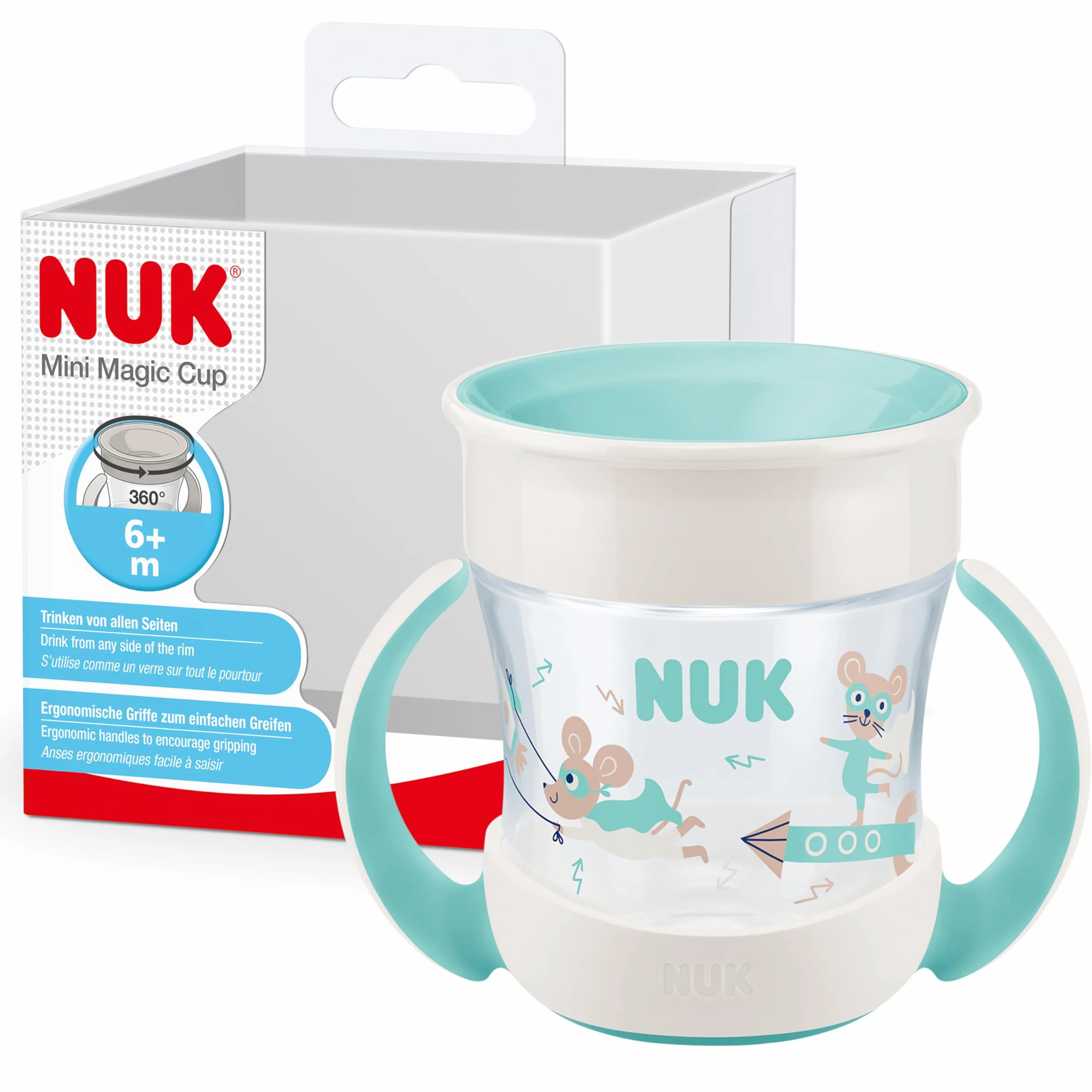 NUK Magic Cup Tasse d’Apprentissage 160 ml Turquoise (souris) - Rebord antifuite 360° Poignées ergonomiques 6+ mois