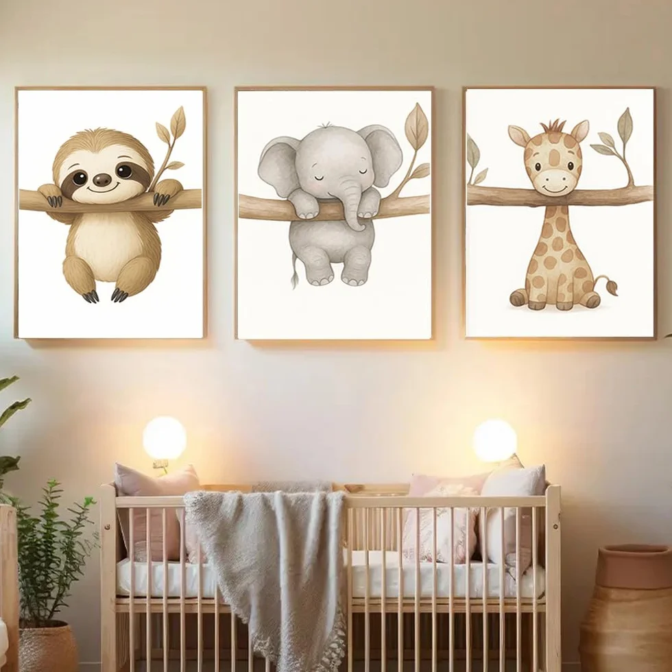 Affiche Chambre Bébé Animaux Paresseux Éléphant Girafe Poster Enfant Toile 30x40cm Beige Tableau Deco SANS CADRE