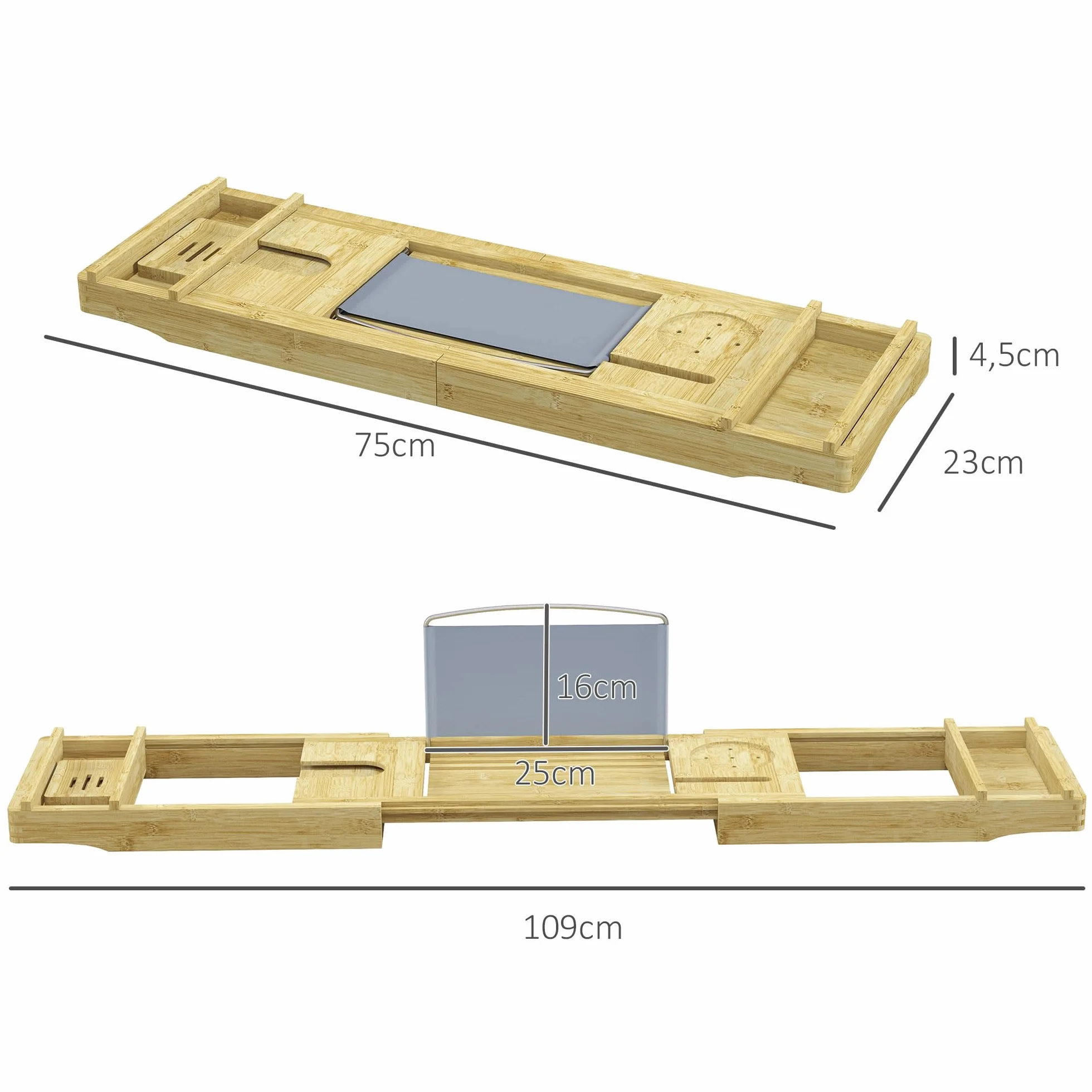 HOMCOM Pont étagère Plateau de Baignoire Extensible en Bambou 75-109 x 23 x 4,5 cm