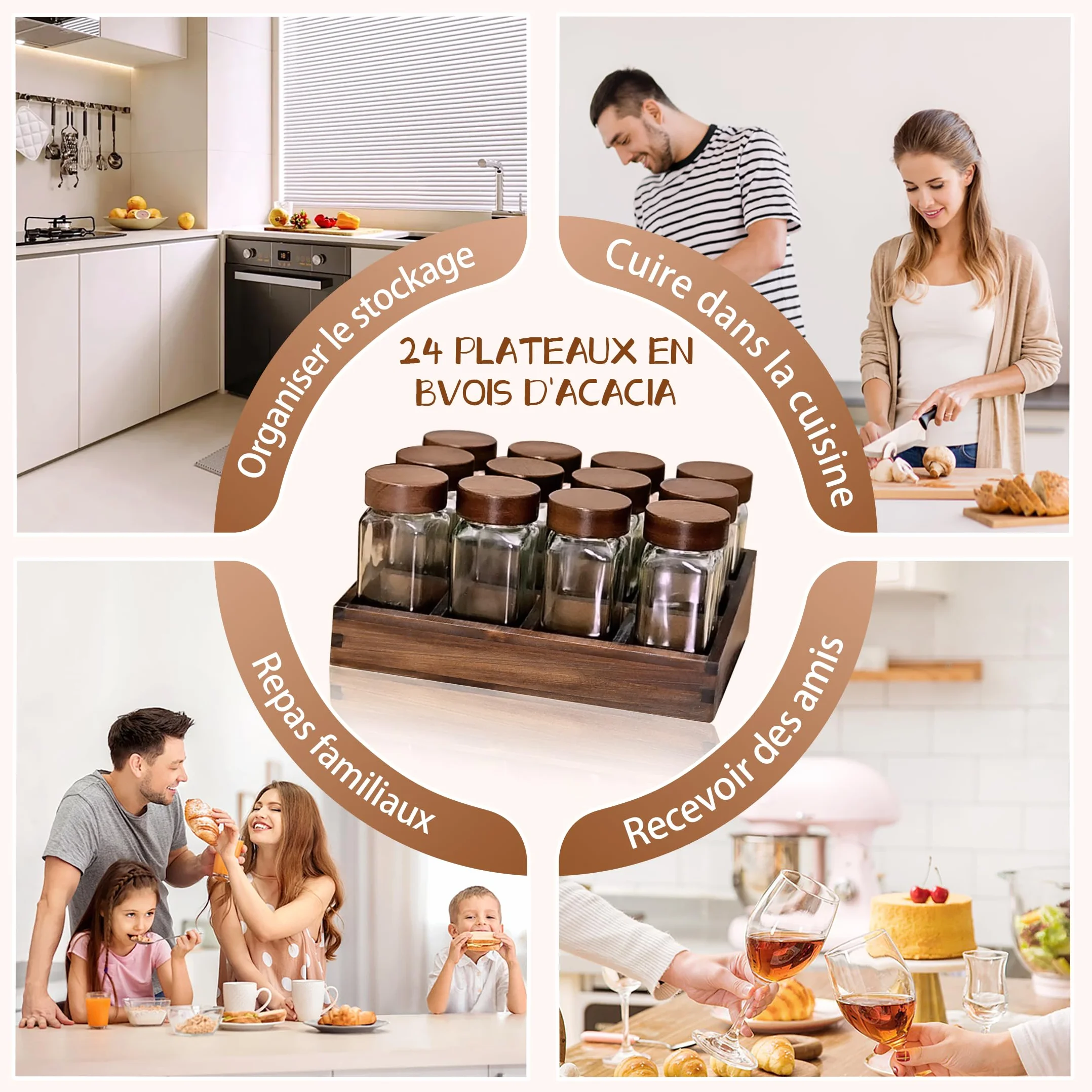 Pot à Épices en Verre et Bois 12 Pièces, Bocaux Borosilicaté Sans BPA, Plateau Acacia, Porte-Épices Hermétique