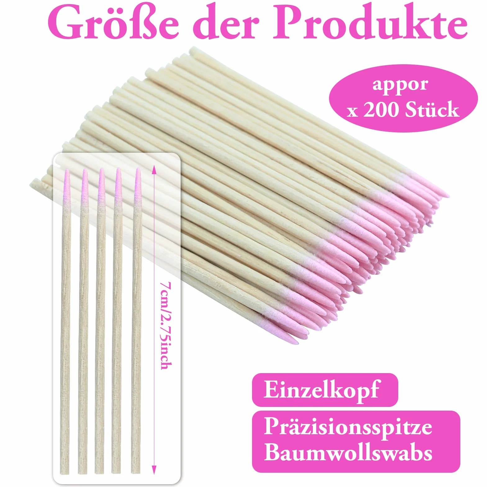 Cotons-tiges 7 cm pointe pointue bâtonnets nettoyage bois tatouage sourcils ongles rose