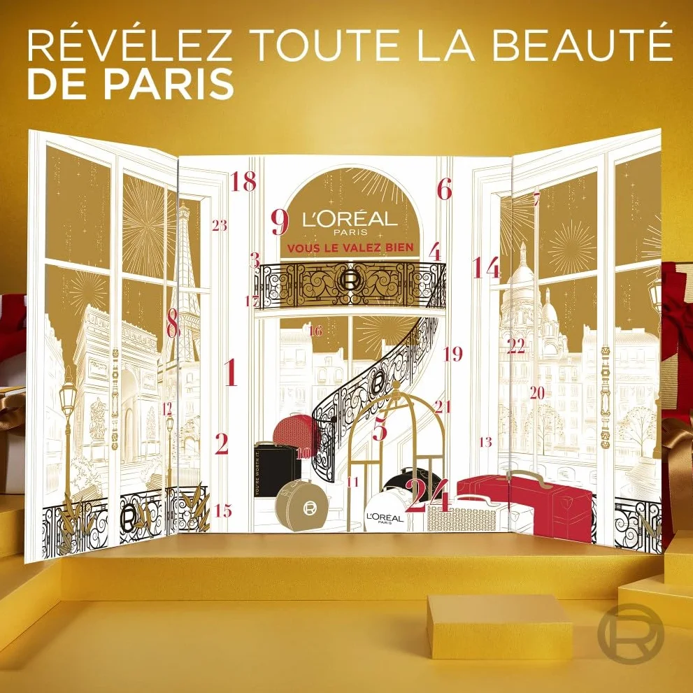 L'Oréal Paris Calendrier de l'Avent 24 Jours Coffret Cadeau Noël Maquillage Soins Visage Cheveux 24 Produits Beauté Taille Réelle