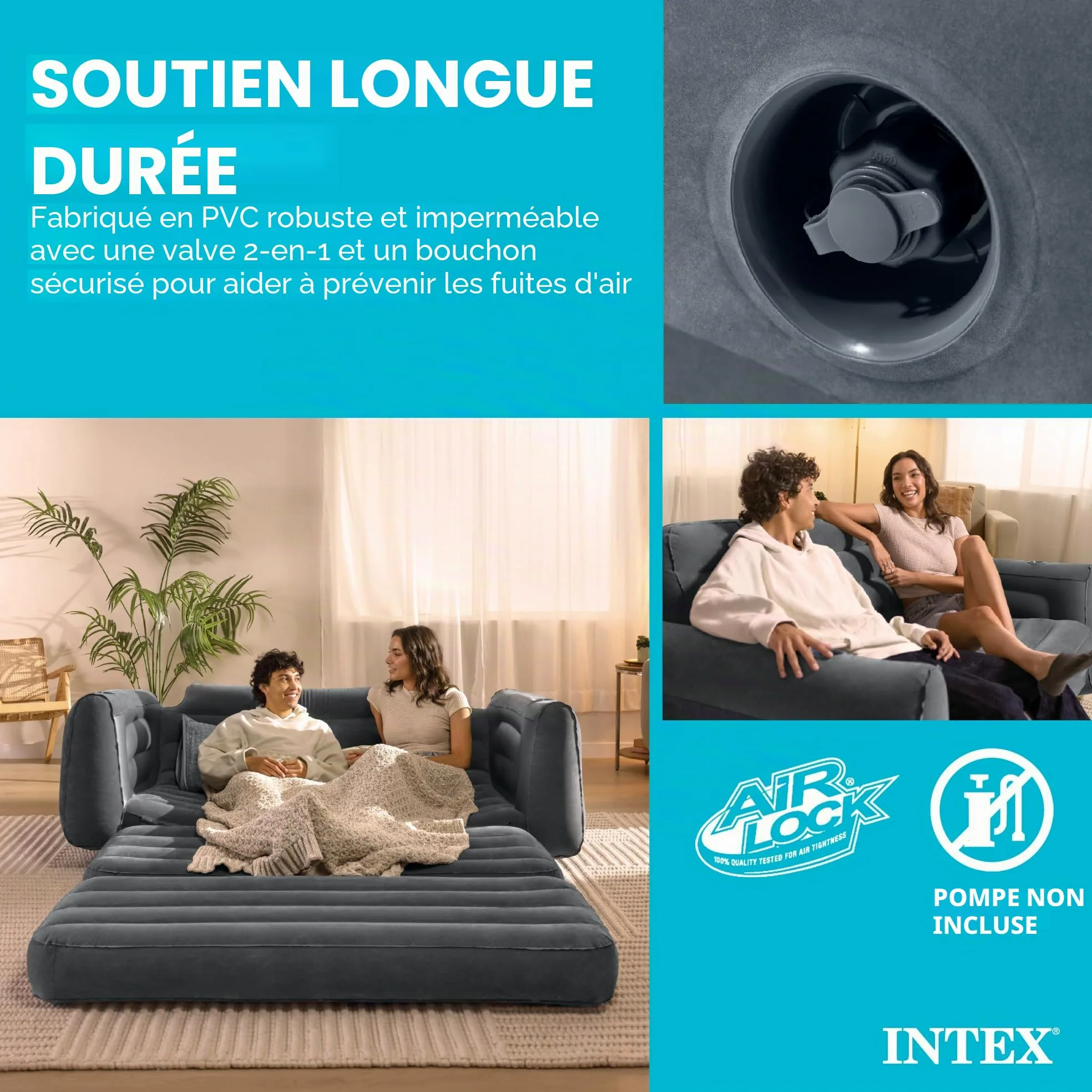 Intex Canapé-lit de Camping Gonflable avec 3 valves de gonflage et de dégonflage Rapides, 203,2 x 231,14 x 66,04 cm, Gris Anthracite