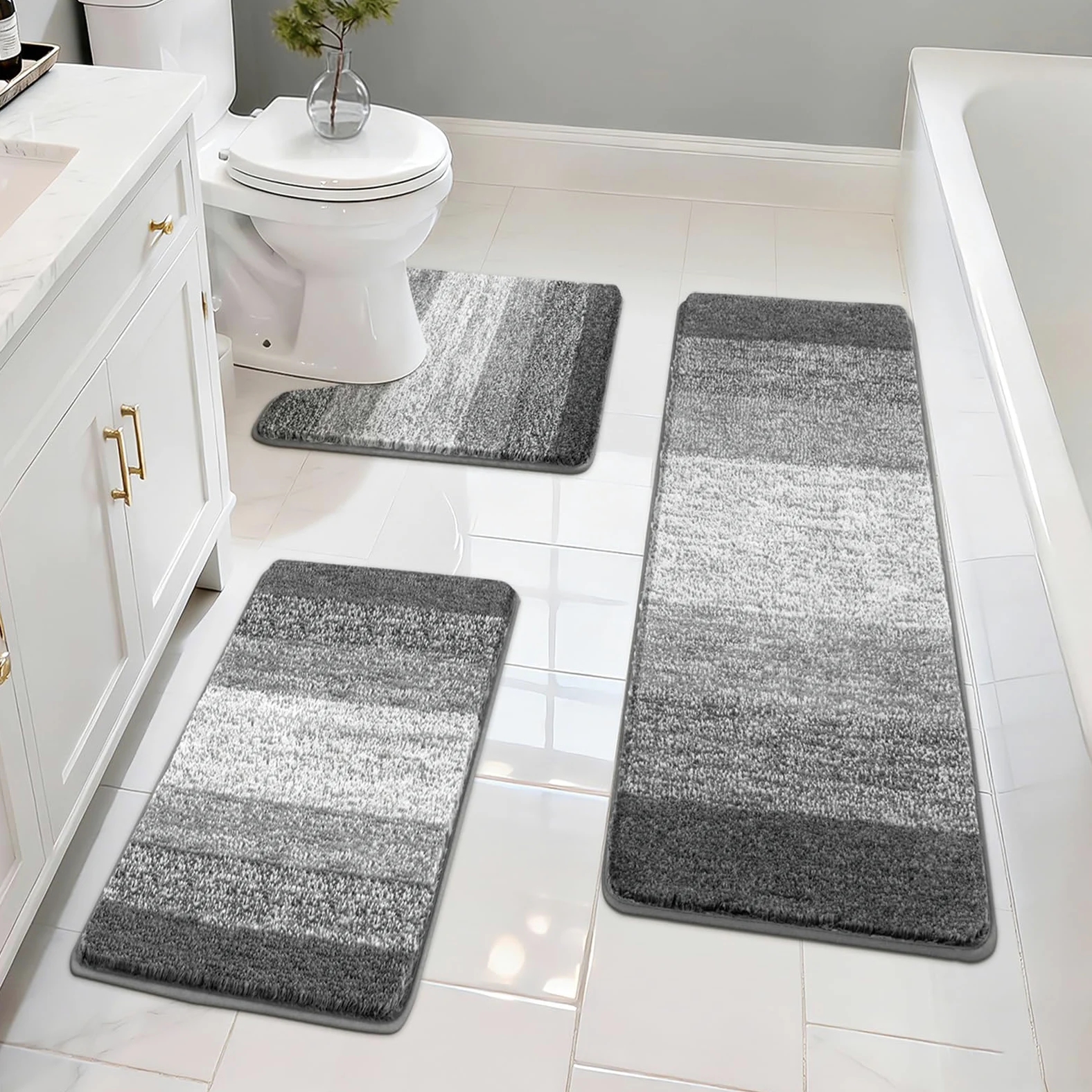 Pauwer Lot de 3 tapis de salle de bain à poils longs avec contour en forme de U et peluche absorbante, en microfibre absorbante, lavable en machine, gris