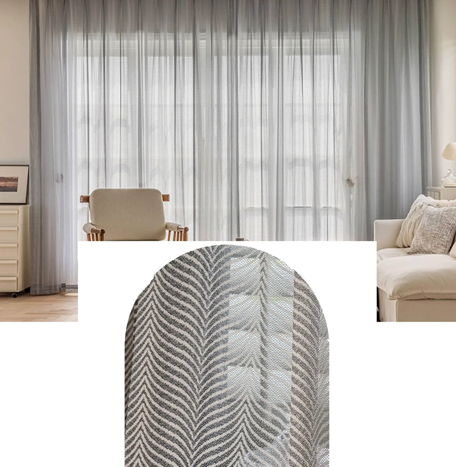 Rideaux Voilage 86x183, Rideau Fenêtres Salon Polyester Fil Noir Texturé à Chevrons, Oeillet, Lot de 2