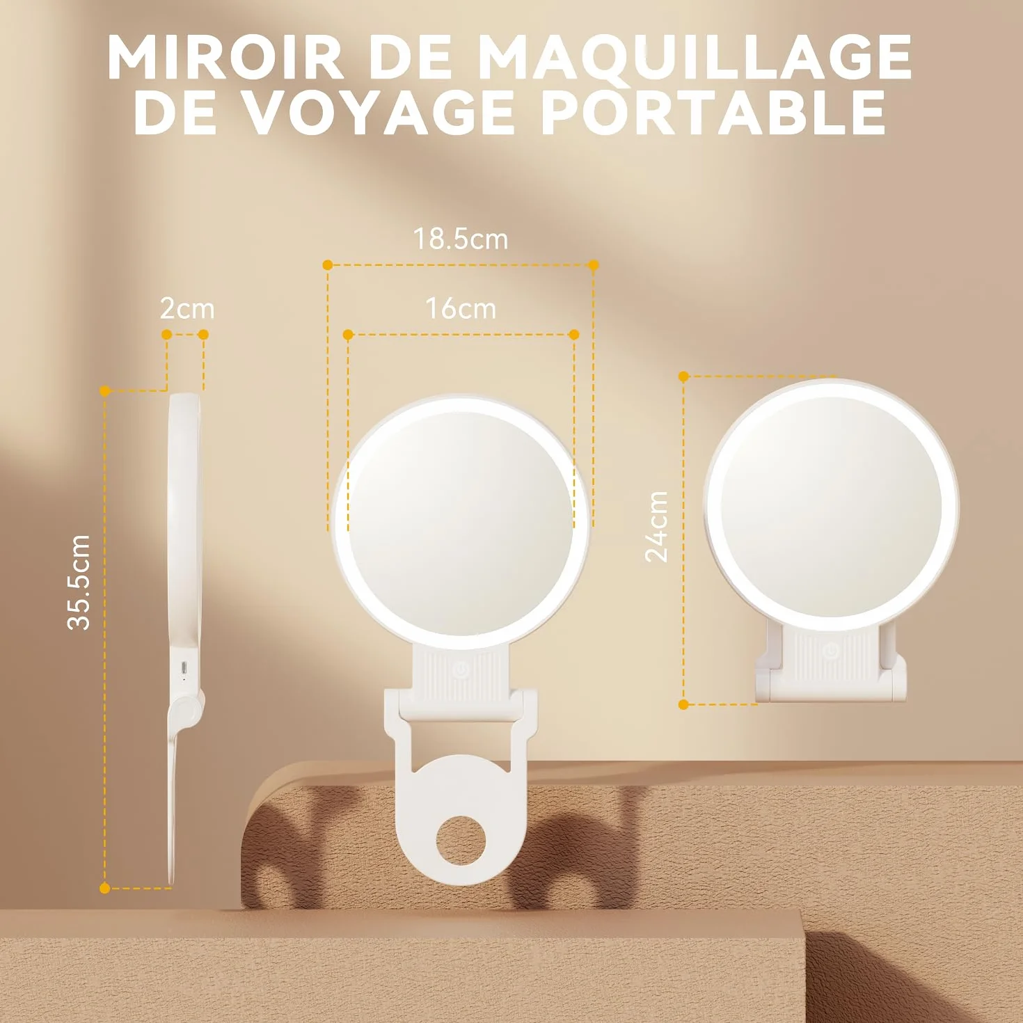 Auxmir Miroir Grossissant Lumineux Double Face 1X/30X, Maquillage 3 Couleurs, Luminosité Réglable, Batterie 2000mAh, Support 360°