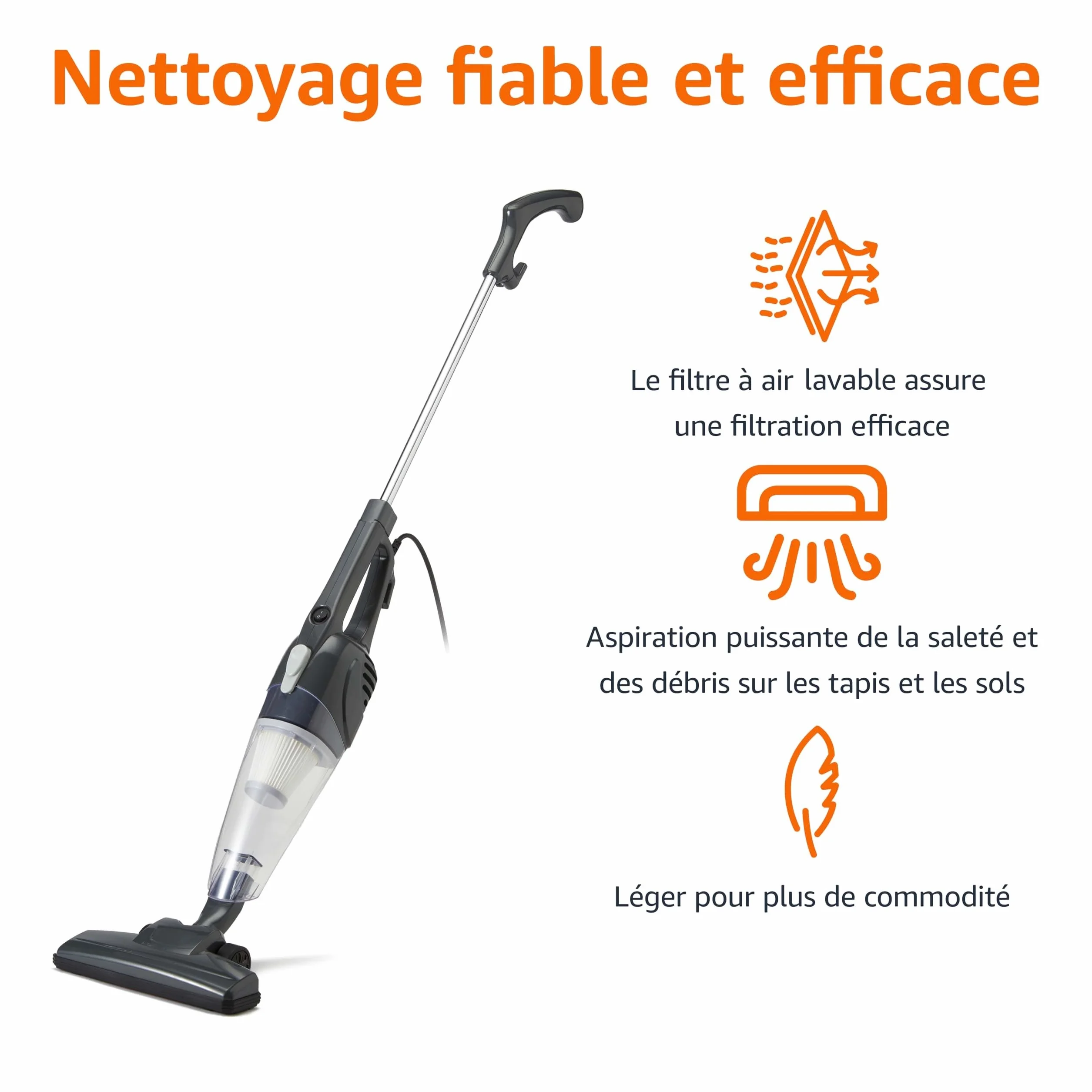 Amazon Basics Aspirateur balai 2 en 1 avec câble, moteur ECO, filtre remplaçable, Noir