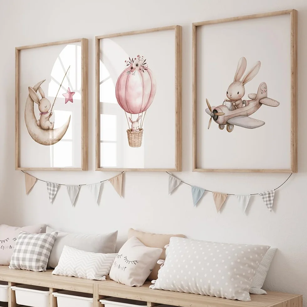 Tableau Lapin Chambre Fille 30x40cm Poster Boho Deco Bebe Lune Étoile Montgolfière Avion Rose Poudré