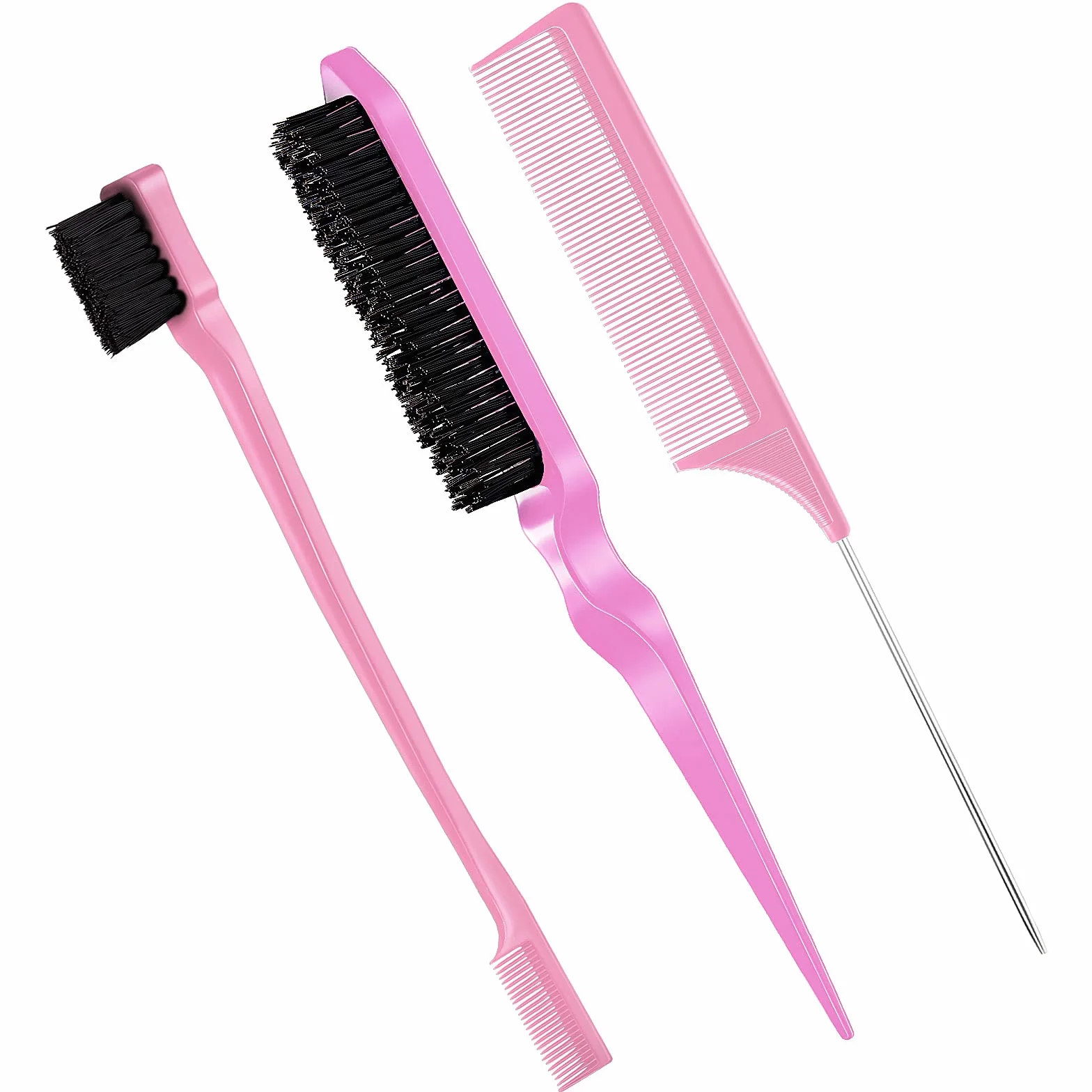 Brosse à Cheveux Double Face Peigne à Queue de Rat 3 Pièces Rose