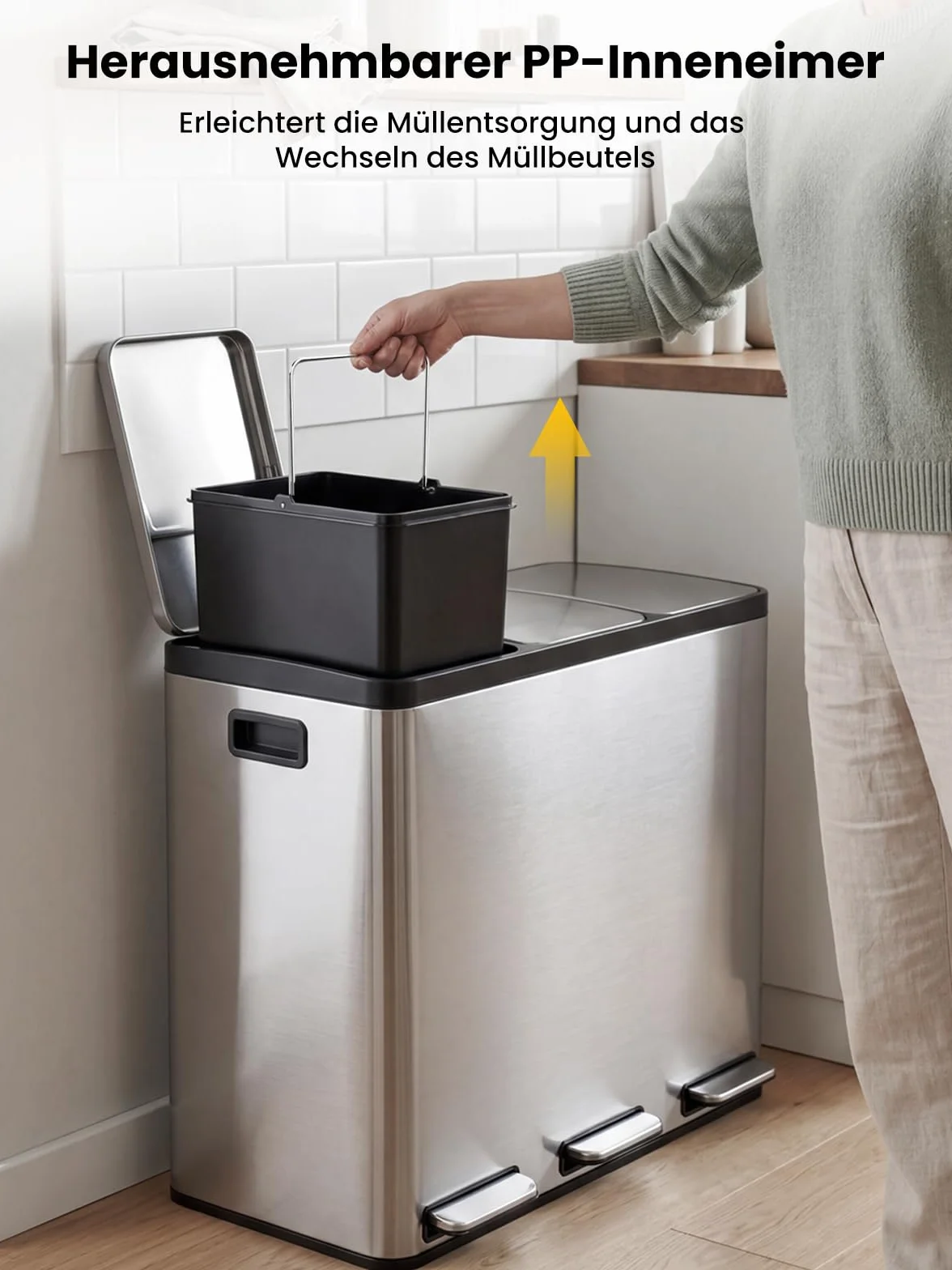 Poubelle Cuisine 54L Inox 3 Compartiments Tri Sélectif à Pédale Soft Close