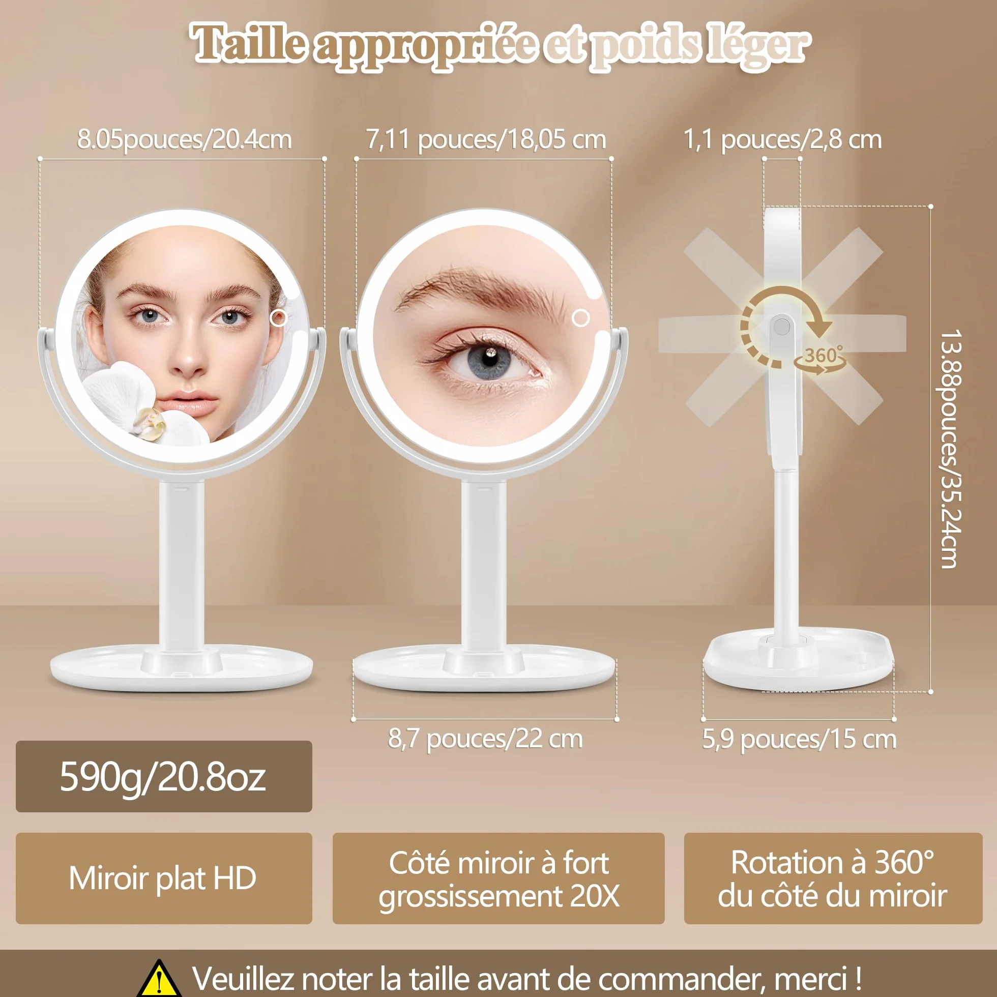 MOMOKUBA Miroir Grossissant Lumineux X 20, Miroir Grossissant sur Pied 8", Double Face 64 LED, Rechargeable Rotation 360°