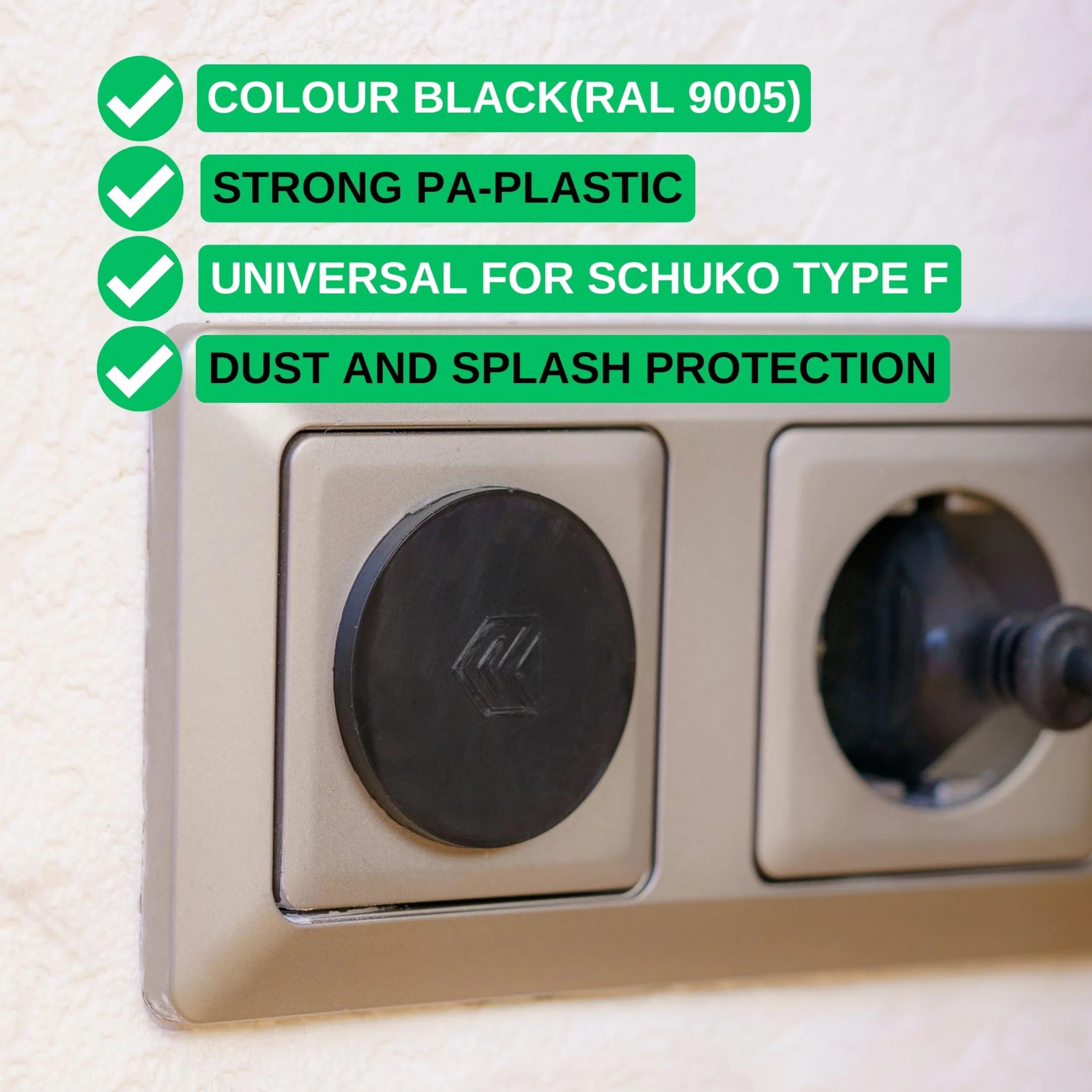 Couvercle de prise SchuKo type F, protection poussière éclaboussures, 2 pièces, noir