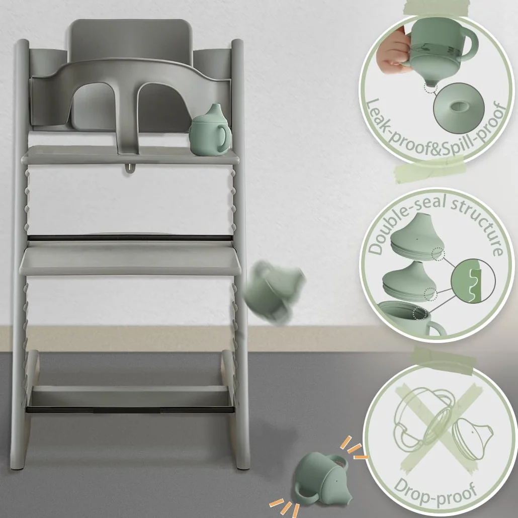 Moonkie Verre Bébé Apprentissage Anti Fuite 120ml, Tasse 3-en-1 en Silicone, Gourde avec Poignées, Compatible Lave-Vaisselle (Vert Gris)