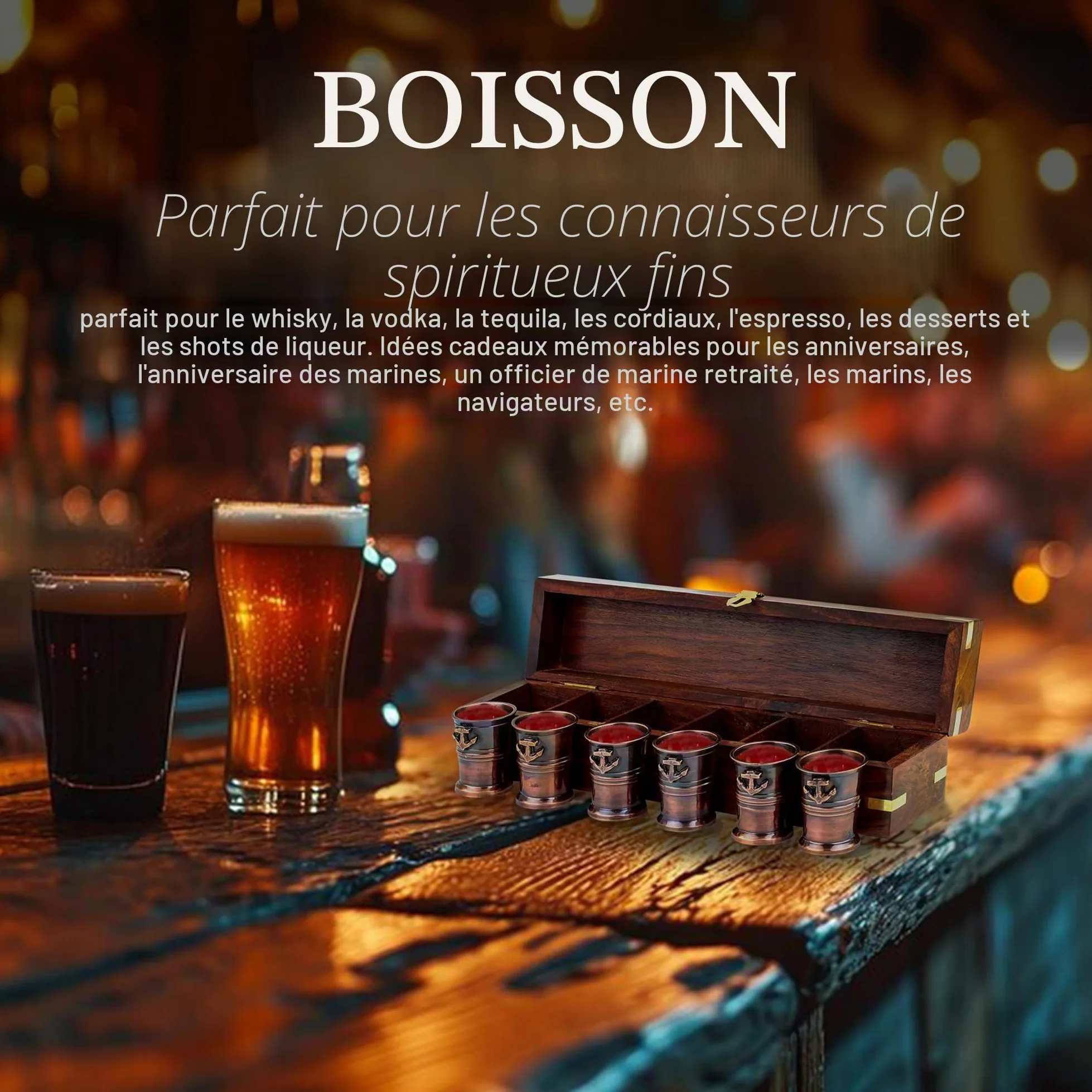 6 verres à shot avec étui en palissandre Compartiments Accessoires de rangement de bar en bois Idées cadeaux pour hommes Vaisselle