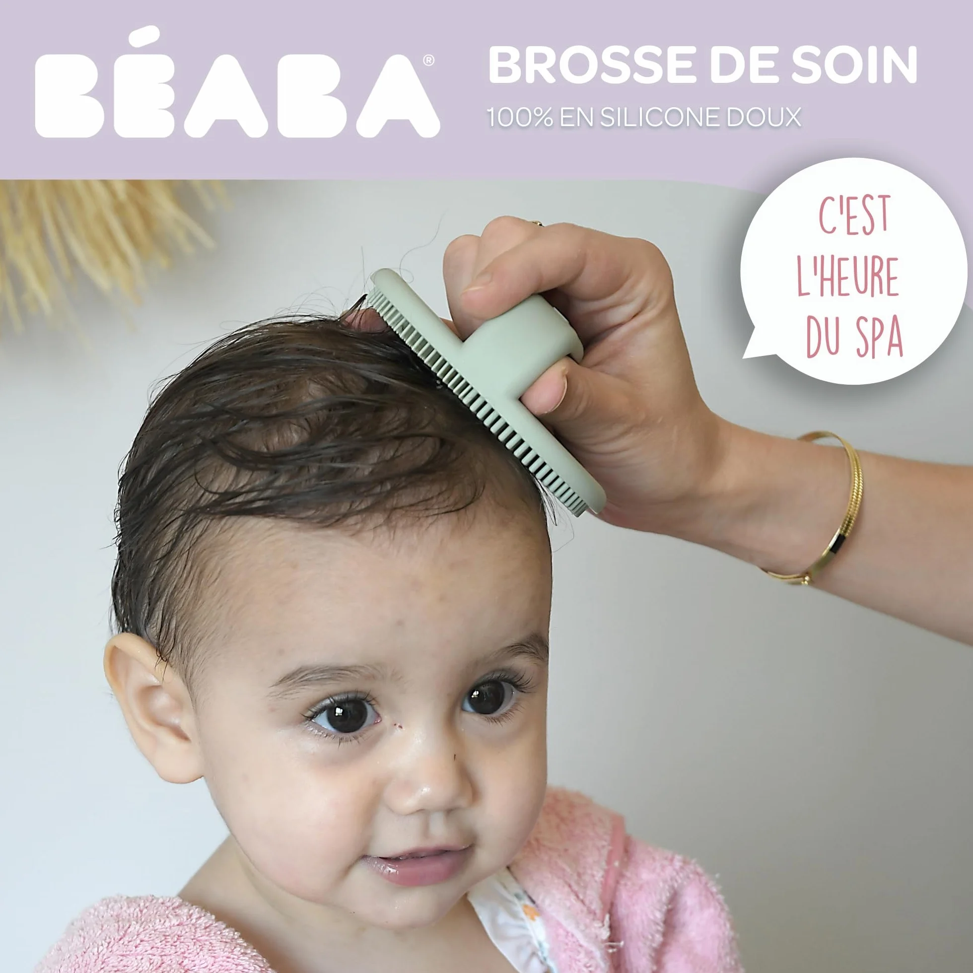 BÉABA Brosse de Bain Bébé Silicone 2 Côtés Poils Fin Masser Poils Épais Croûtes de Lait Doux Vert de Gris