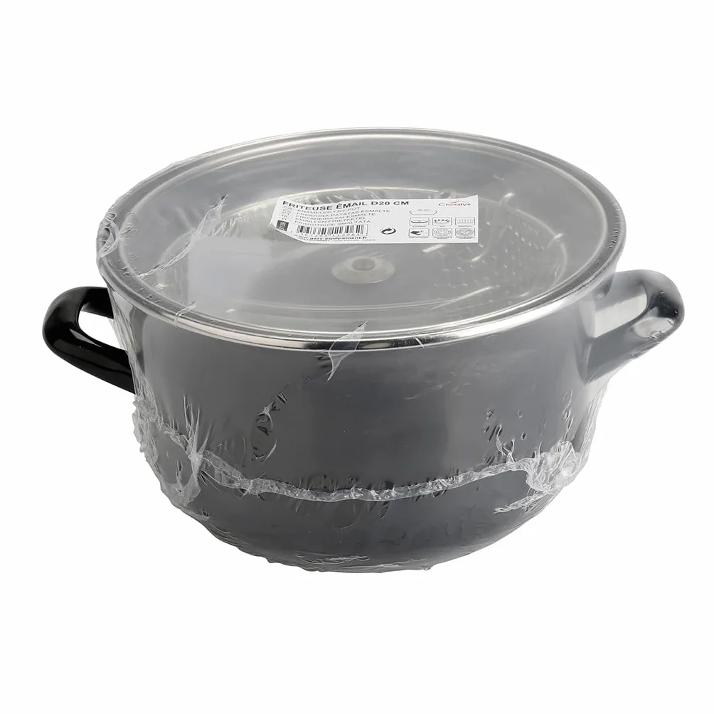 Crealys Friteuse Traditionnelle Ø26 cm Acier Émaillé avec Panier Couvercle Verre Tous Feux Induction