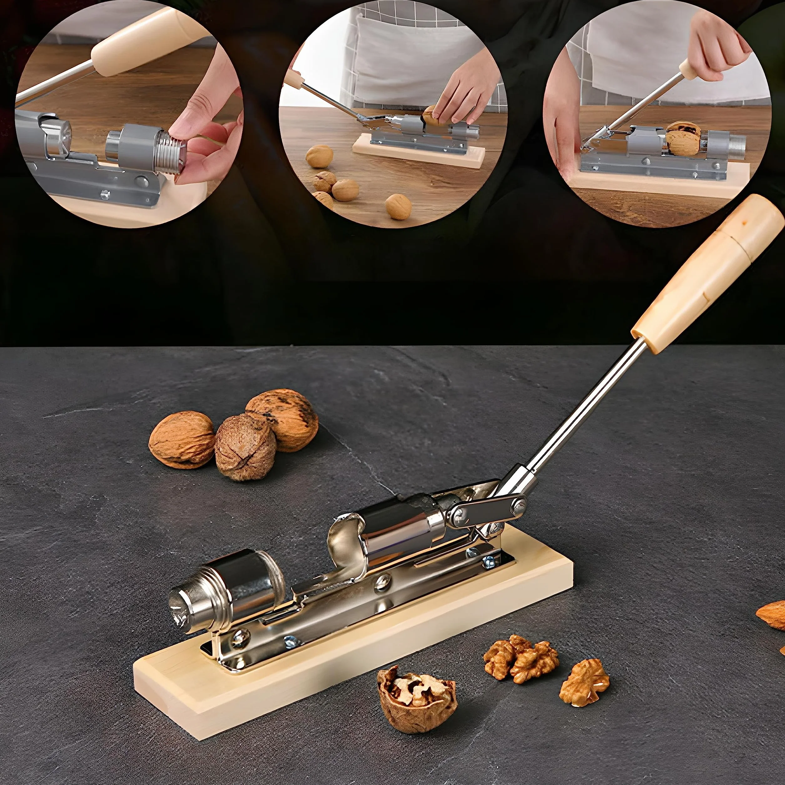 Retoo Casse-Noix en Acier Ajustable avec Support en Bois pour Noix et Homards