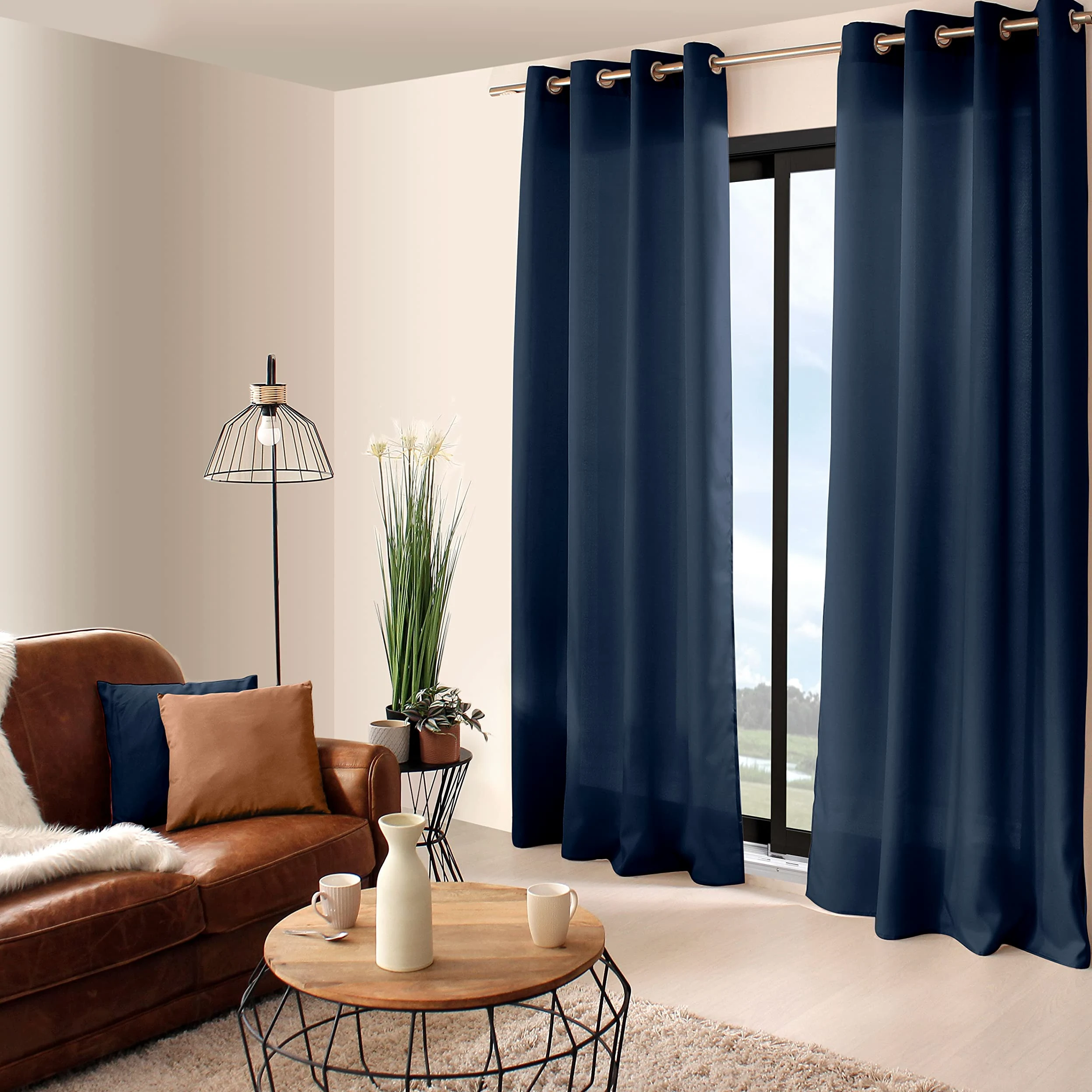 ED ENJOY HOME Rideau Décoratif à Œillets argentés, 140x240 cm, Bleu Marine, 100% Polyester, Satiné, Collection Basic (Lot de 4)