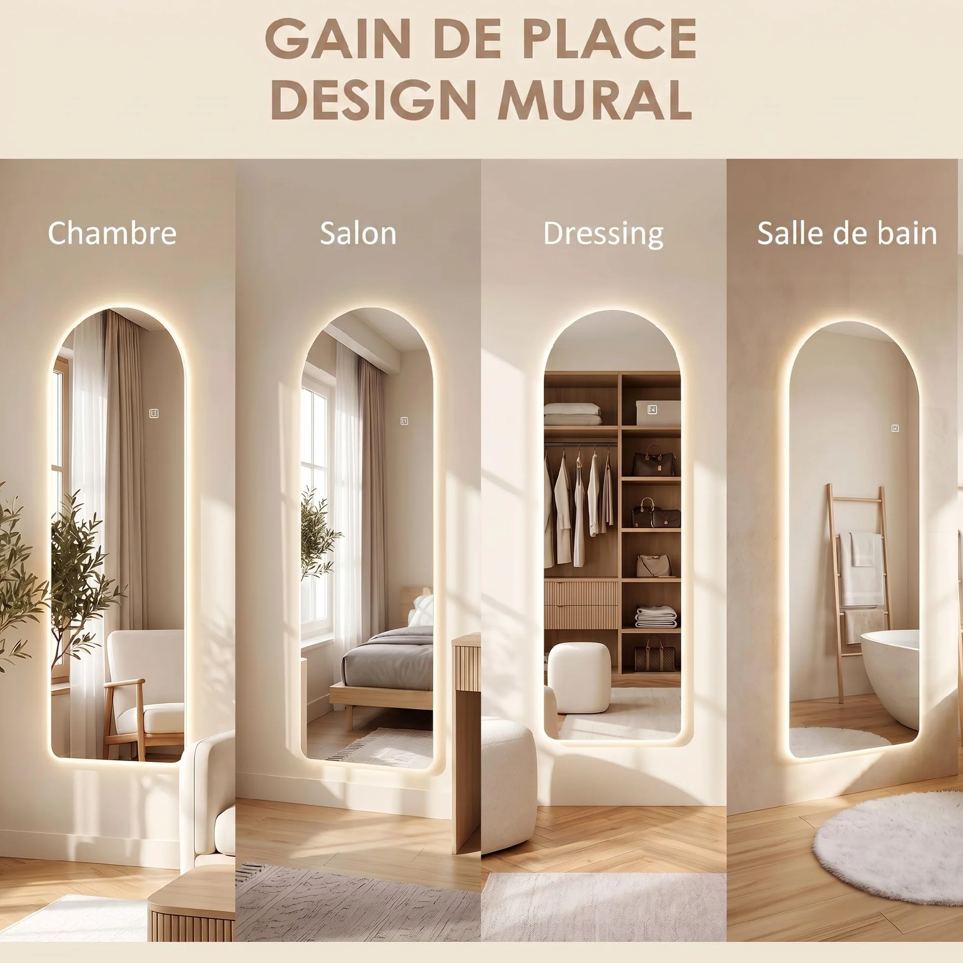 HOMCOM Grand Miroir Mural LED 120 x 40 cm Pleine Longueur arqué Anti-déflagrante intensité Variable 3 Couleurs