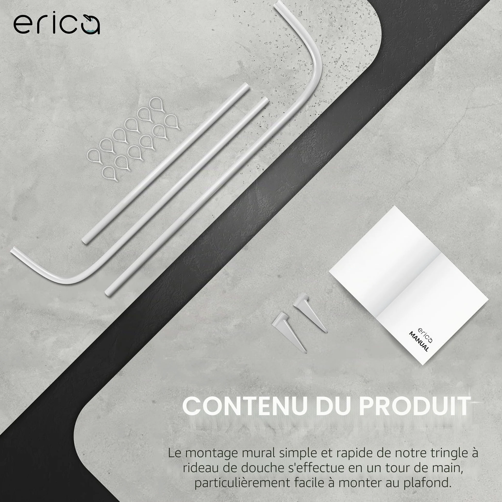 Erica Tringles de Rideau de Douche en U - 85x95x85 cm, Barre de Rideau de Douche Murale sans Fixation au Plafond - Revêtement Plastique sans PVC, Tringle de Douche 100% Inoxydable. Blanc.