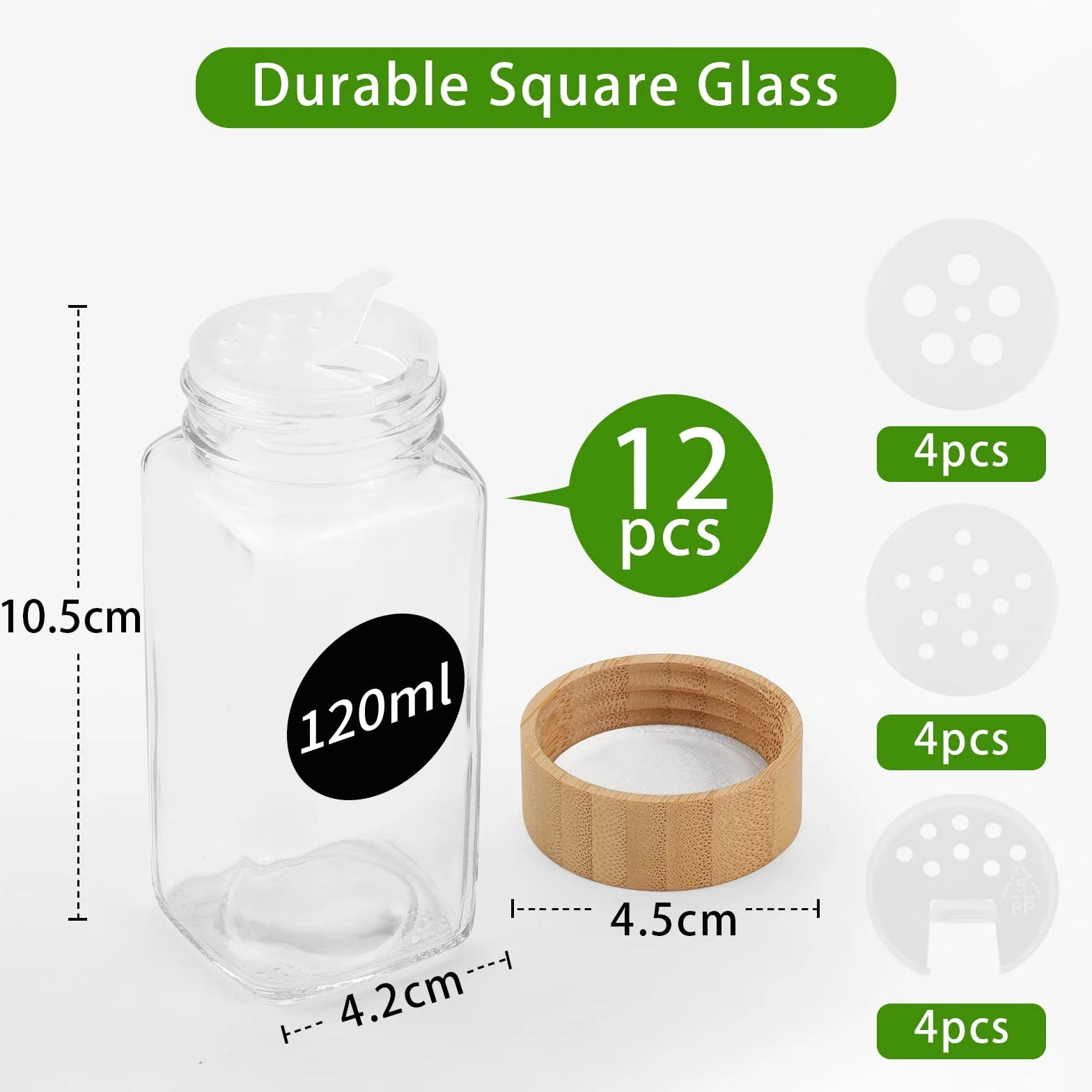 Withosent Lot de 12 pots à épices carrés 120 ml avec capuchon à visser, en verre, avec saupoudrer, étiquettes, entonnoir, brosse