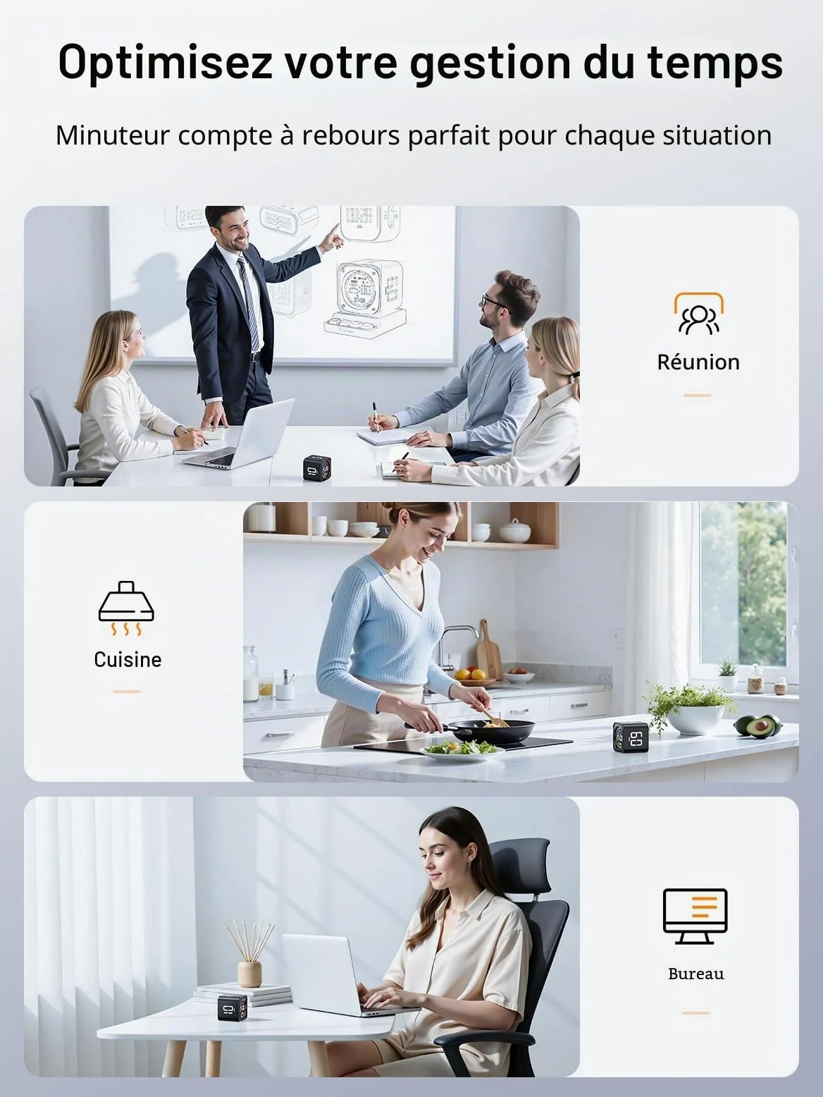 Ticktime TK3 Pomodoro Timer pour Étude, Travail, Tâches, TDAH, Cuisine | Pomodoro Timer, Flip 5/10/30/60 min Countdown, Custom Timer & Chrono, 3 Options Rappel, Écran Clair, 3 Alarmes Réglables