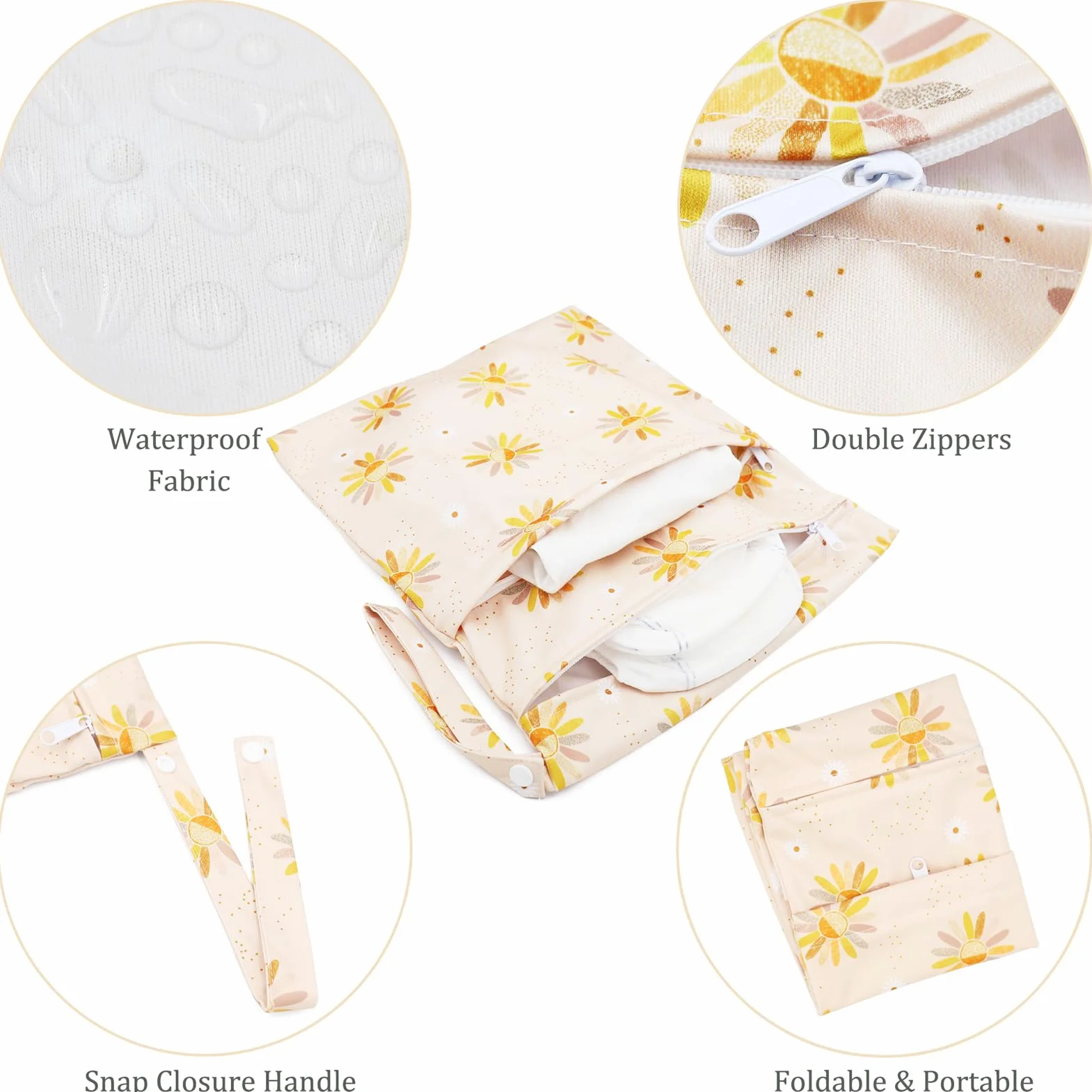Sac Couches Lavables 3 Pcs Réutilisable Wetbag Sachet Etanche Organisateur de Couche Accrochable (Fleur Jaune)