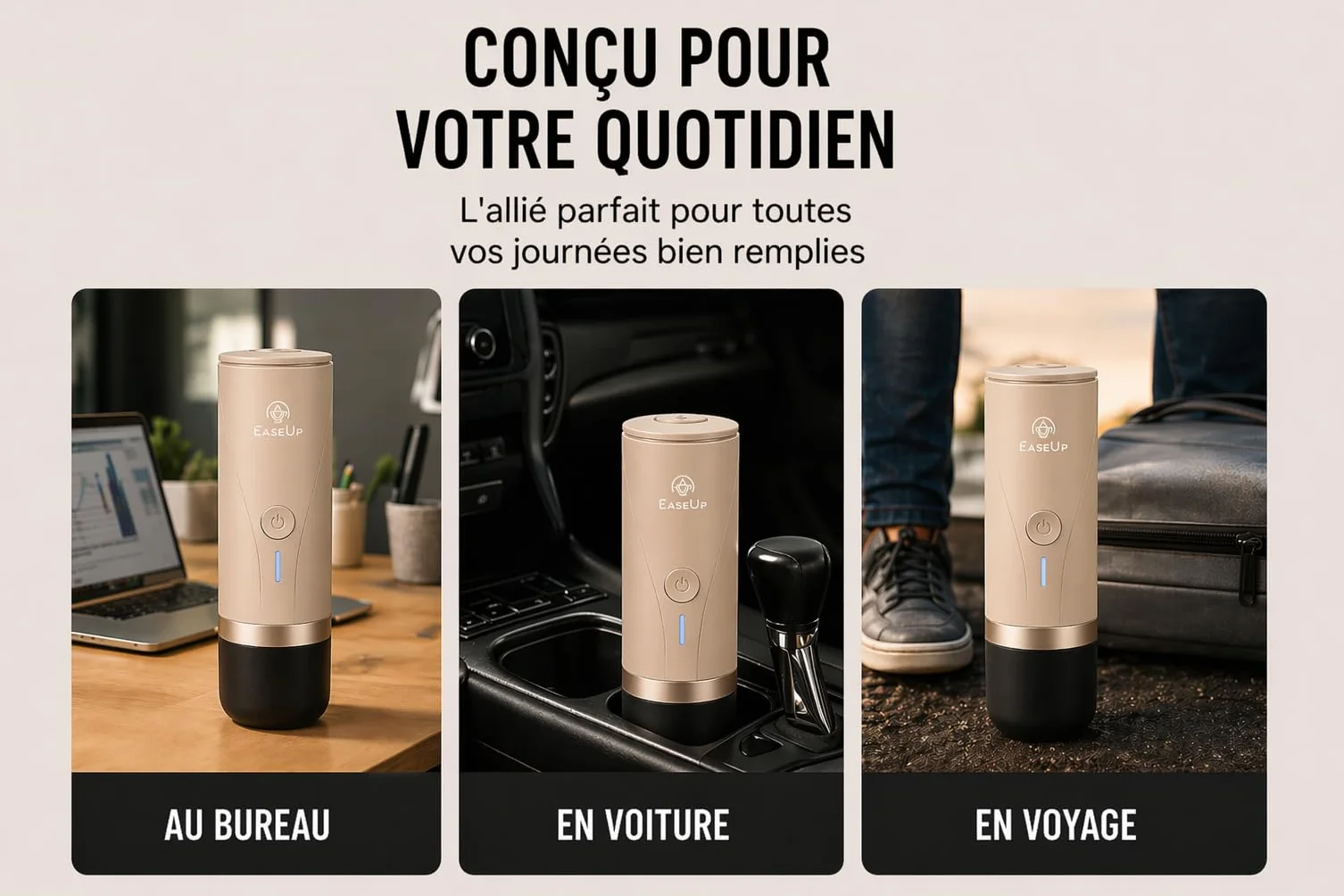 EaseUp Machine à Café Portable Rechargeable 2en1 avec étui de transport – Cafetière portable compatible Capsules Espresso & Café Moulu Pour Voyage, Camping, Voiture (Beige)