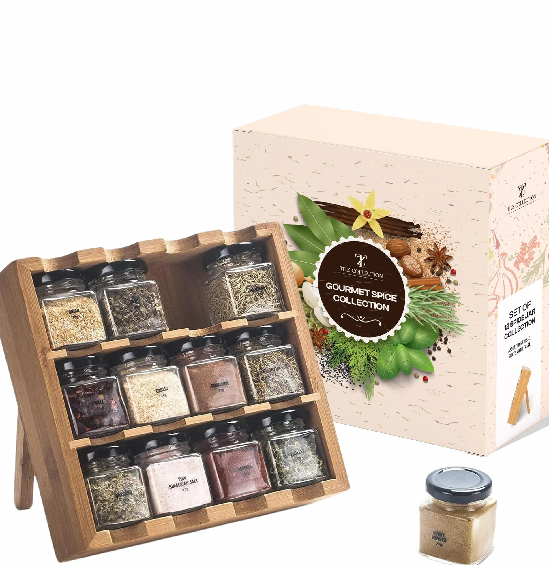 Lot de 12 pots à épices en bois - Recharge sur pied pour herbes - Coffret cadeau cuisine