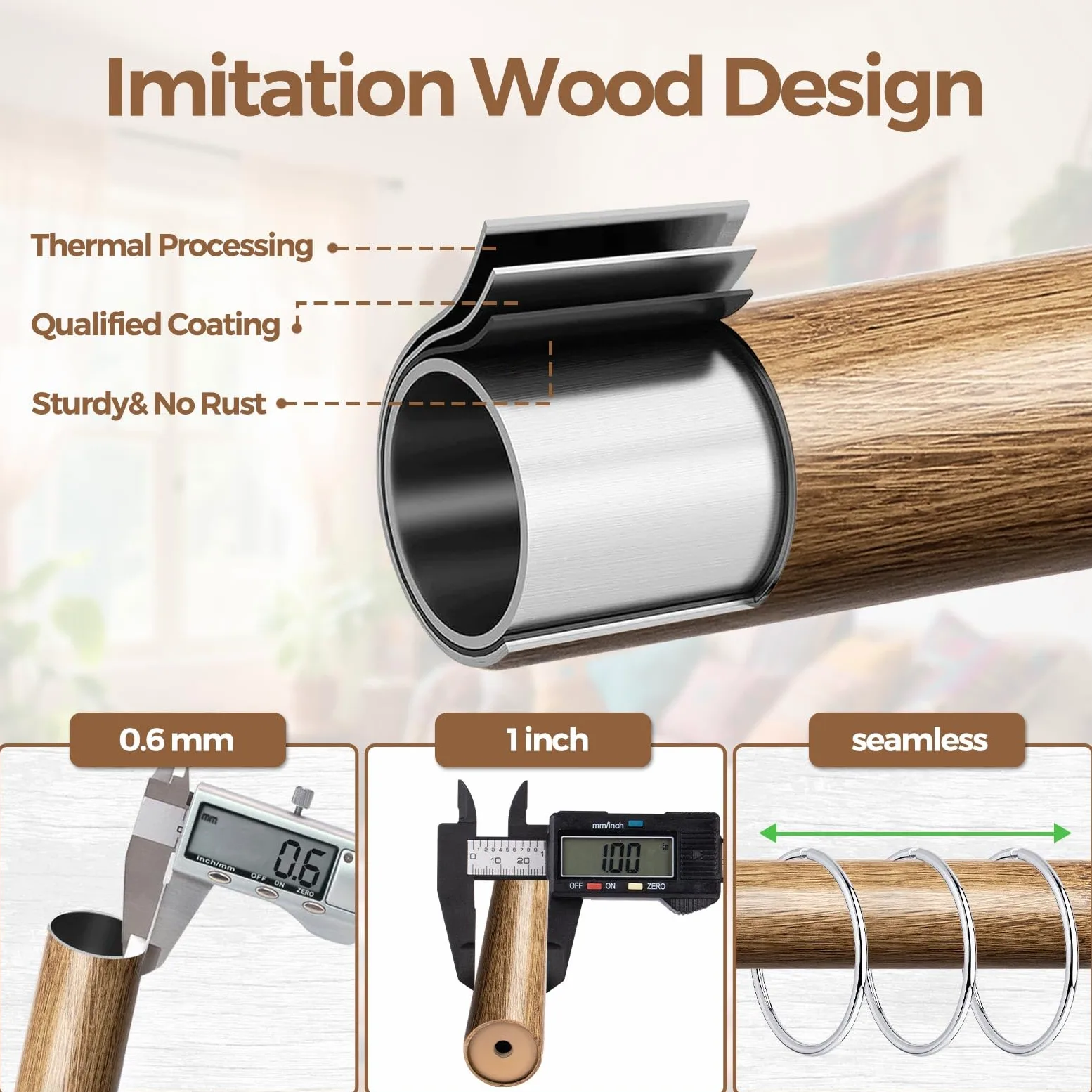 KAMANINA Tringle à rideaux double en bois de 2,5 cm pour fenêtres de 167,6 à 304,8 cm (1,5 à 3 m) – Tringles à rideaux décoratives très résistantes avec embouts à motif de feuilles – Grain de bois